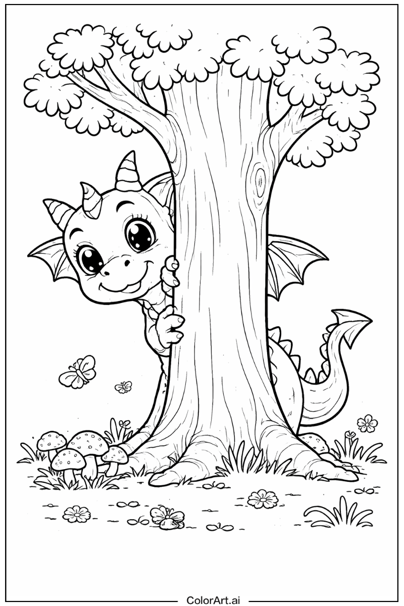 Curious dragon Peeking from Behind a Tree
