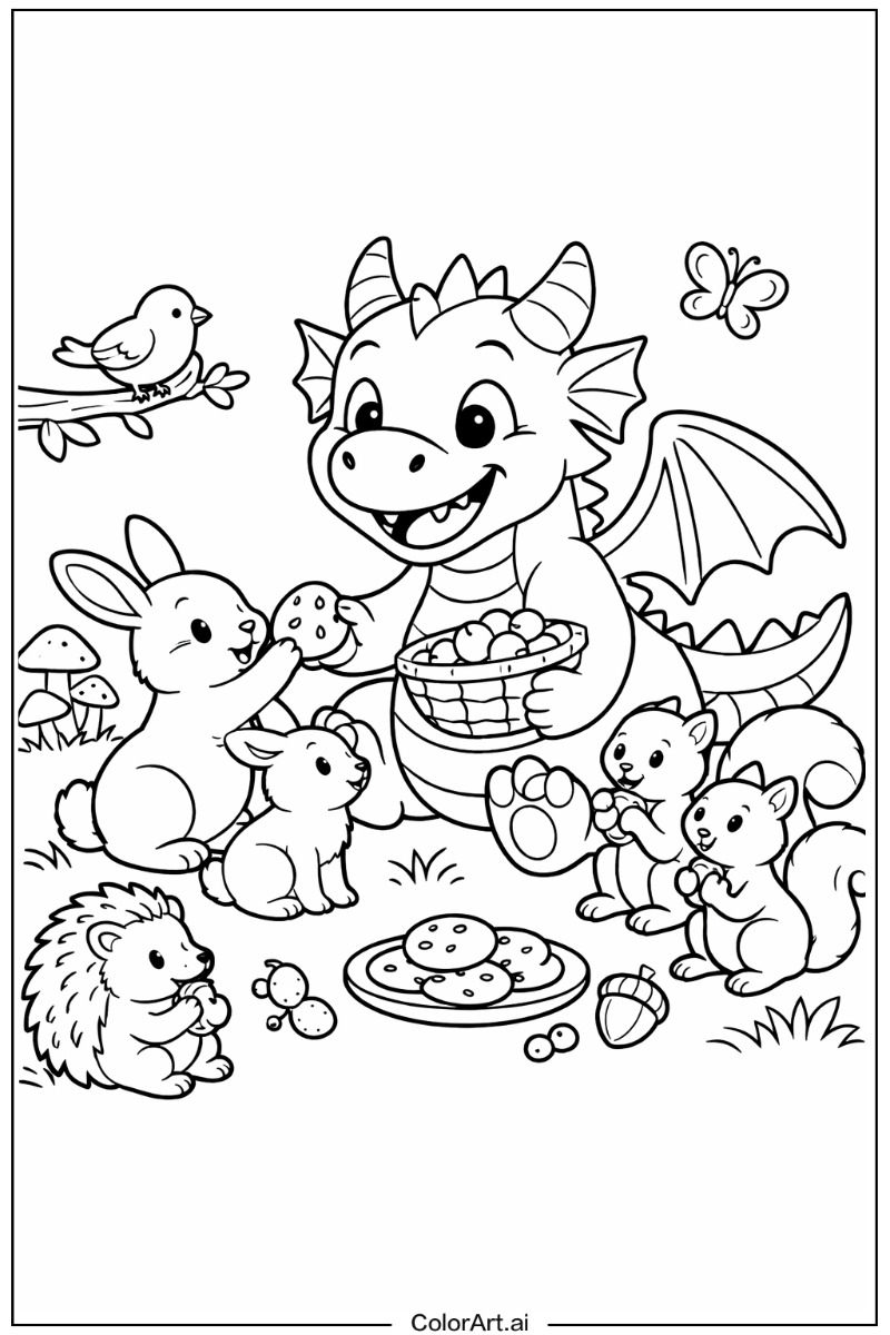 Friendly dragon Sharing a Snack with Forest Animals