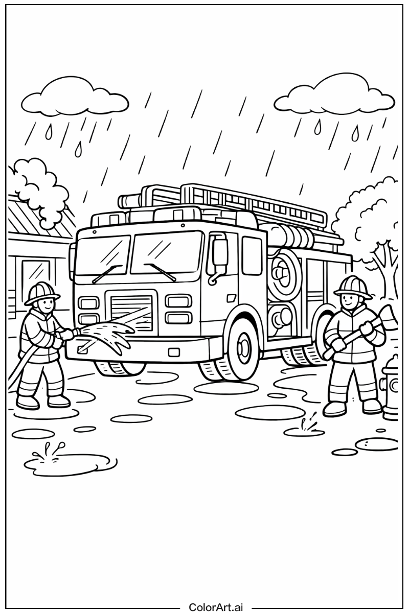 Fire truck with Rainy scene Theme