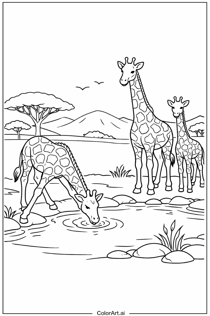 Watering hole Giraffe Scene