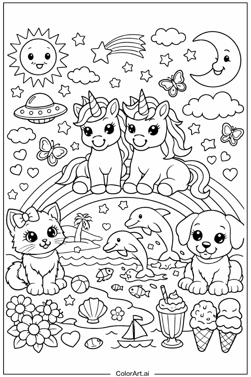 Coloring page style Lisa frank Scene