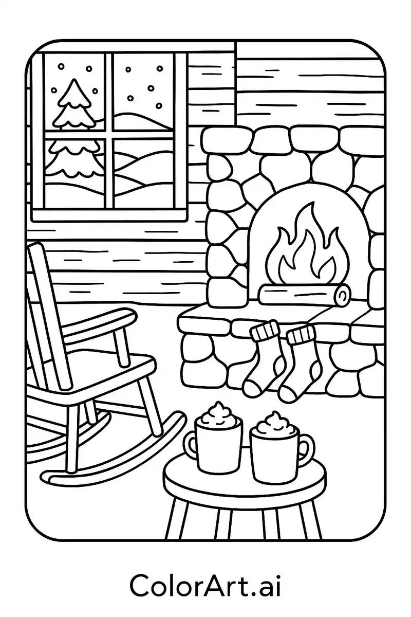 A Cozy Winter fireplace Coloring page