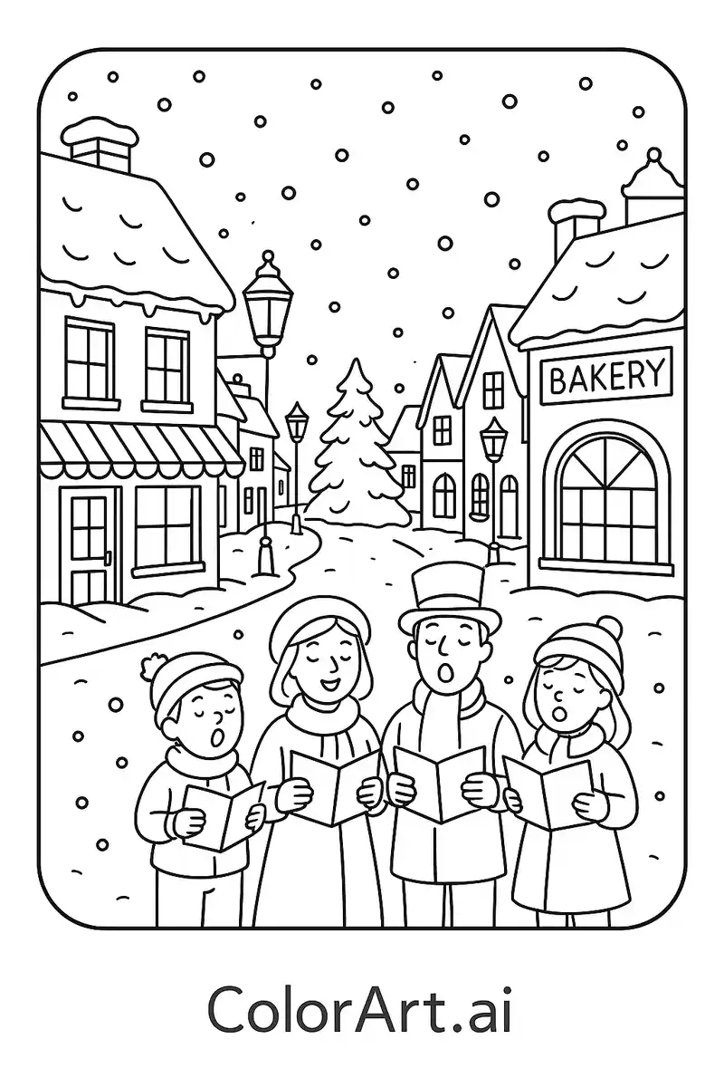 Free Caroling in a Cozy Christmas Village Coloring Page
