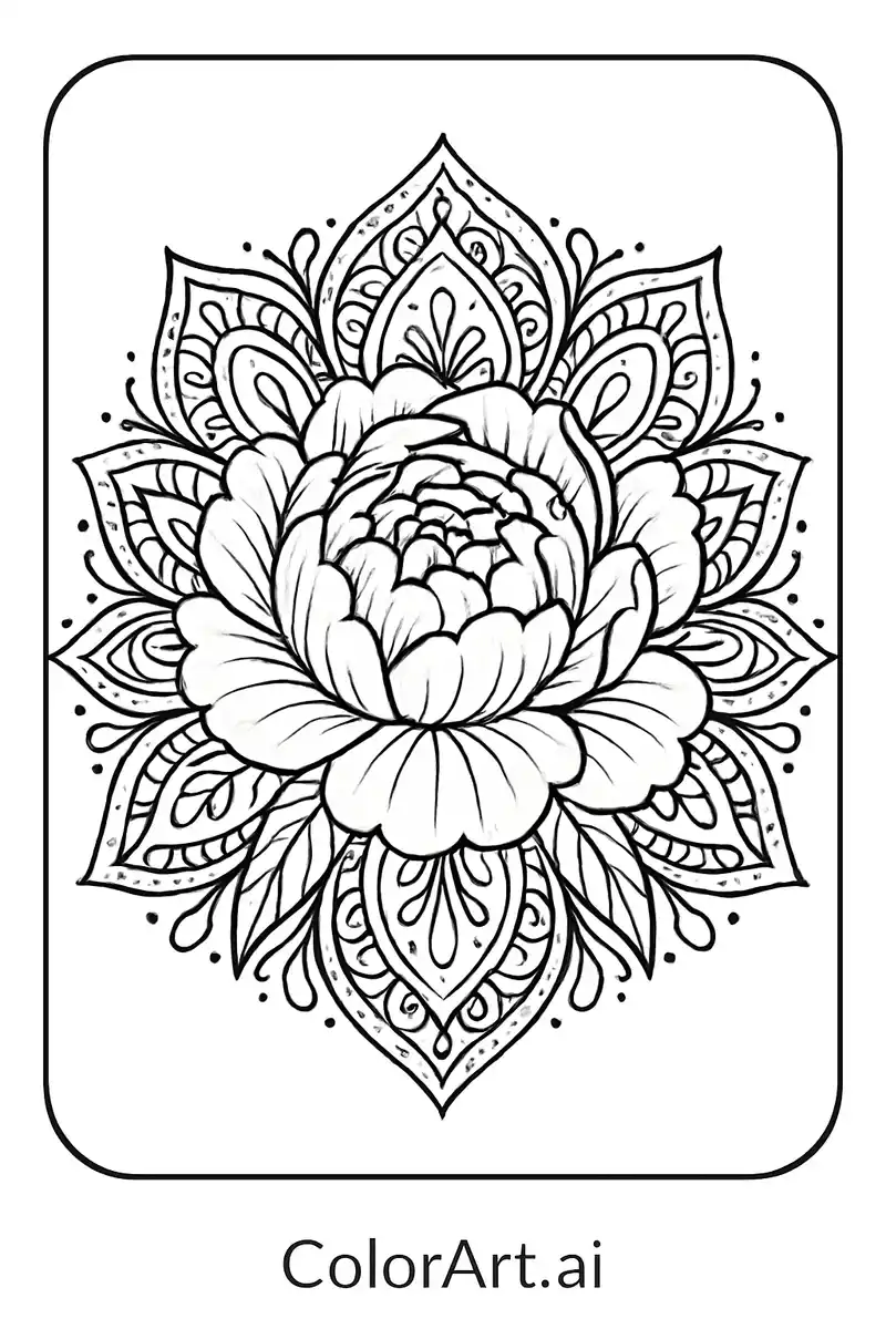 One Mandala blooming peony-like floral Coloring Page