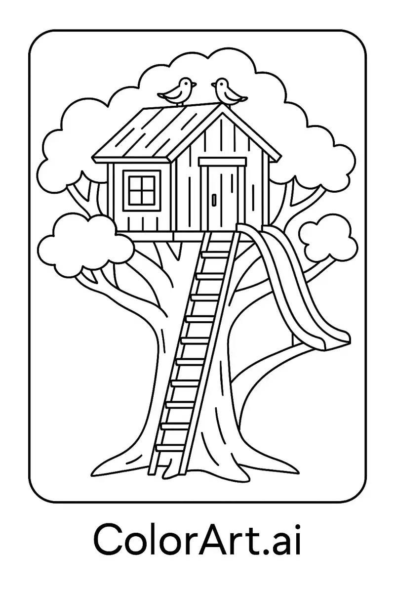 Treehouse nestled within the branches Coloring Page