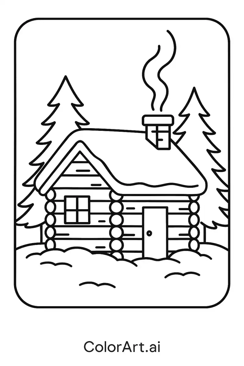 A Cozy Cabin in a Winter Wonderland Coloring Page