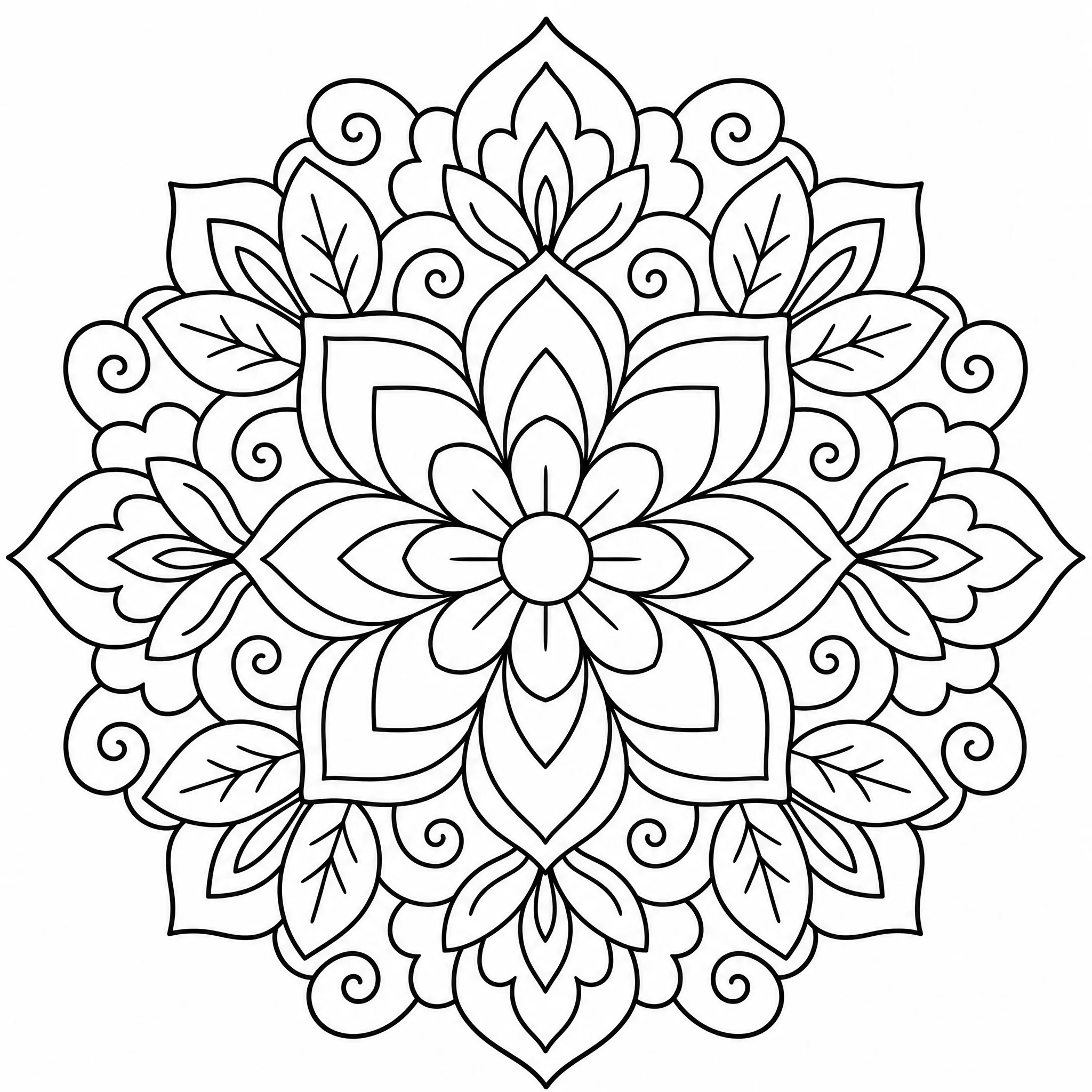 Ein erzeugtes Blumen-Mandala-Ausmalbild mit feinem Detail