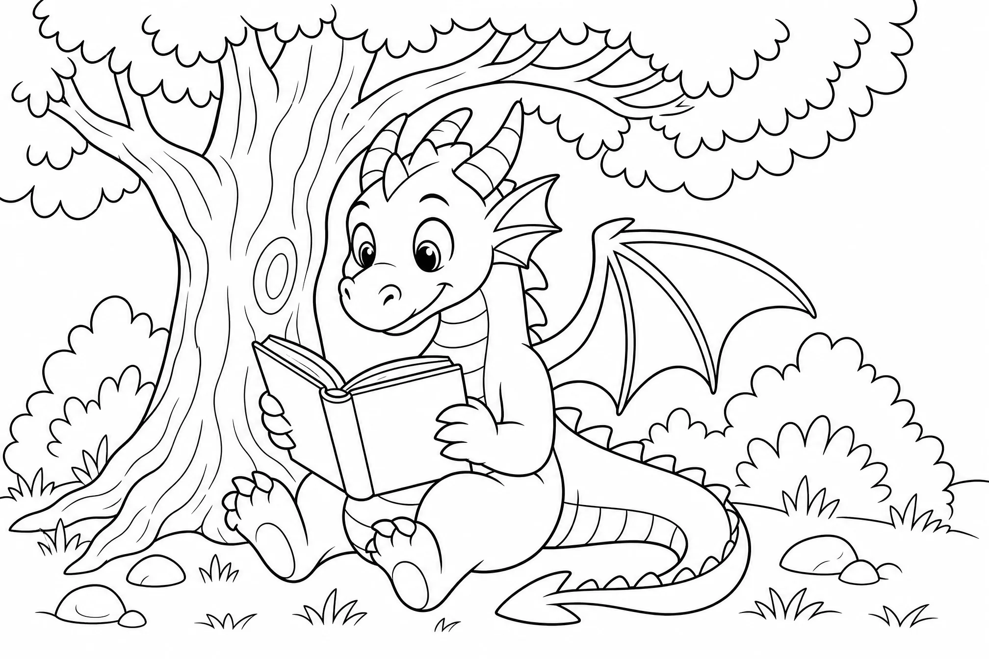 Die Drachen-Idee, erzeugt als sauberes schwarz-weißes Ausmalbild