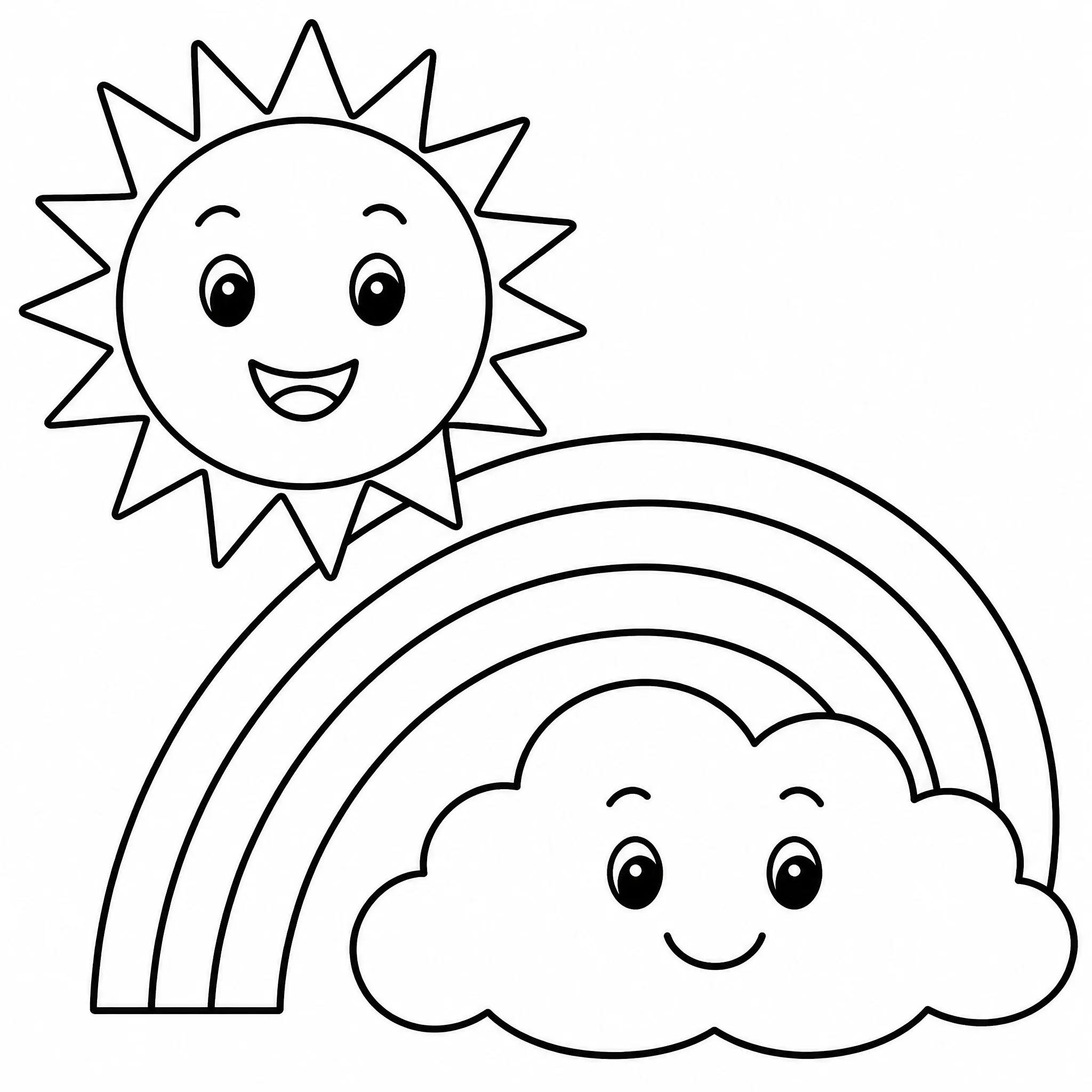 Ein Ausmalblatt mit Sonne, Wolke und Regenbogen für den Unterricht
