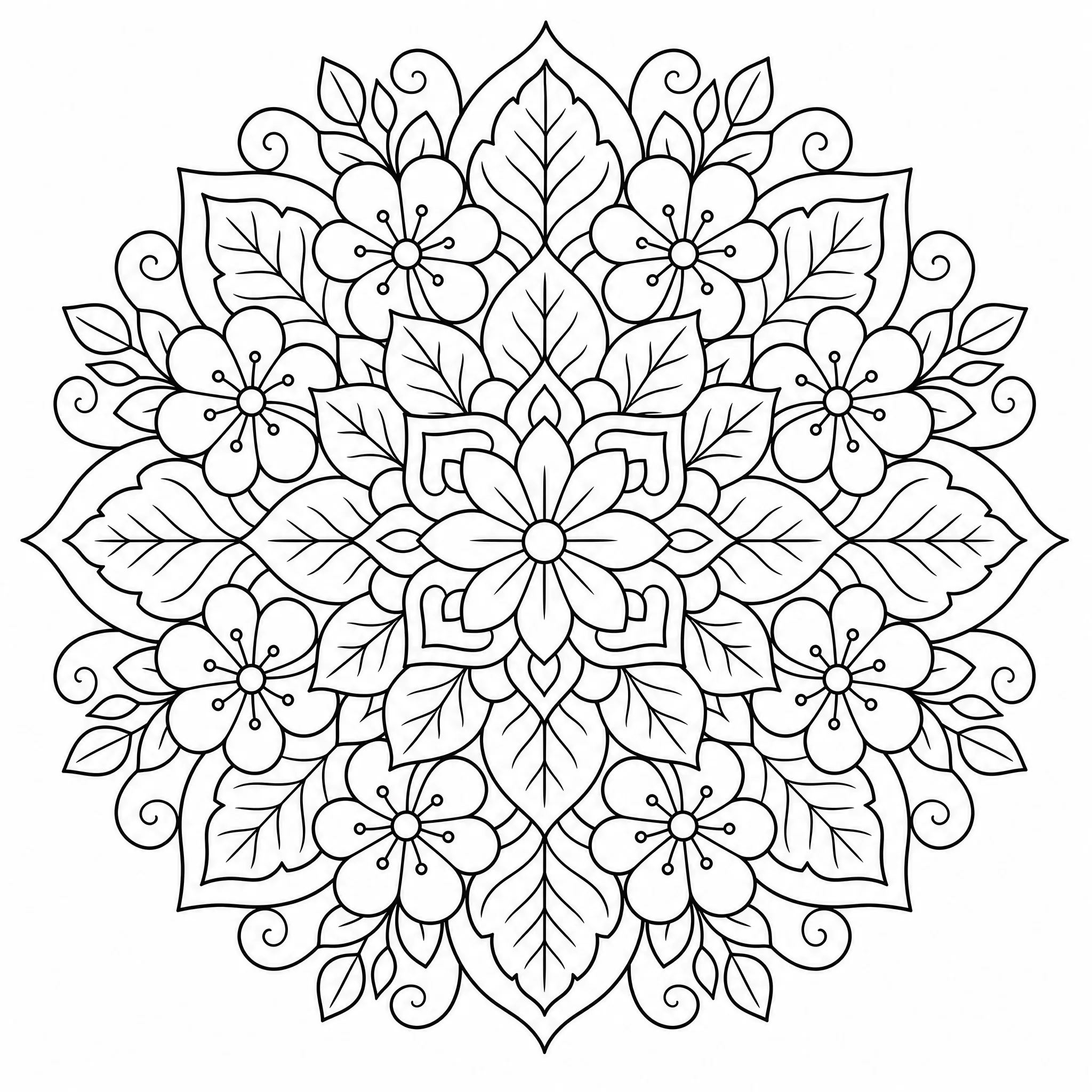 Eine verschachtelte Blatt-und-Blumen-Mandala-Malbuchseite für Erwachsene