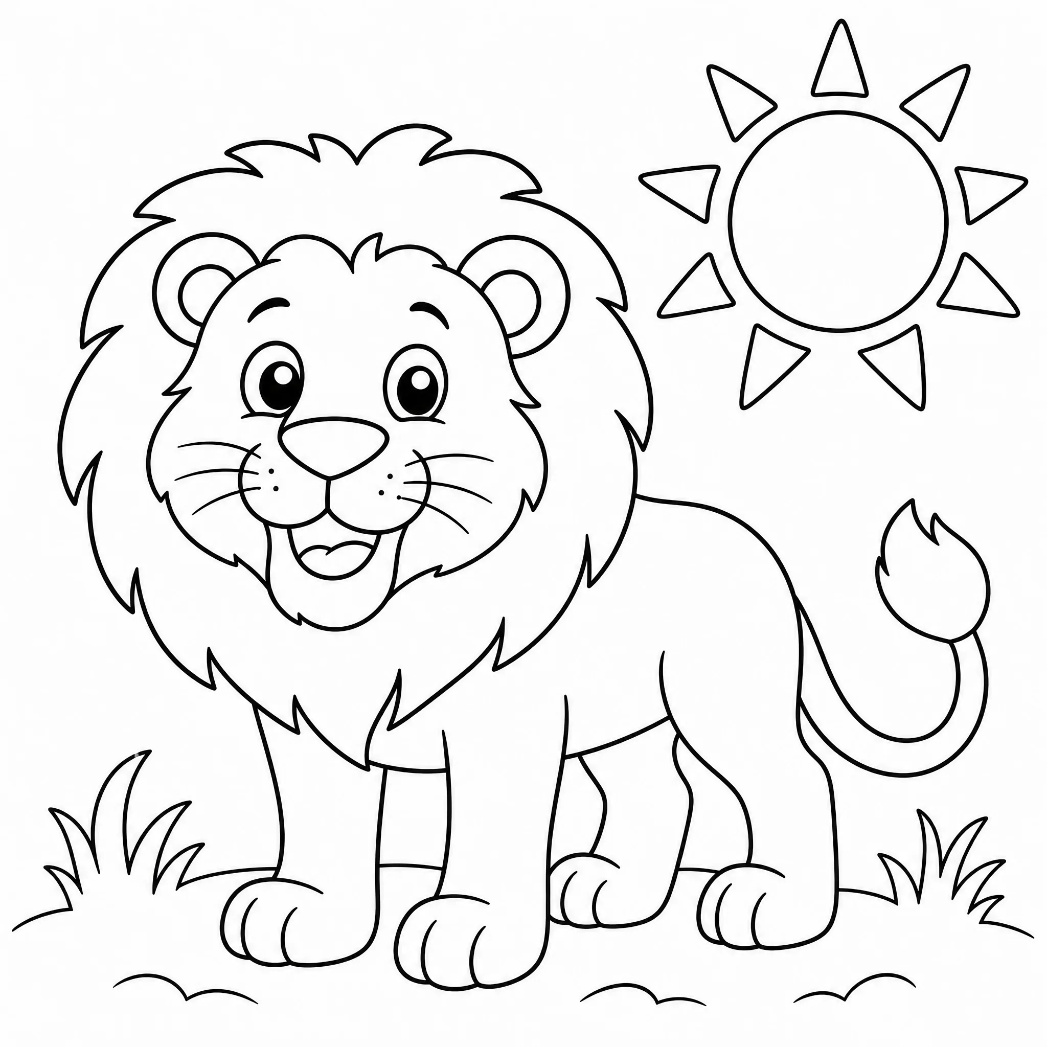 Eine freundliche Löwen-Malbuchseite mit Sonne für eine Unterrichtseinheit