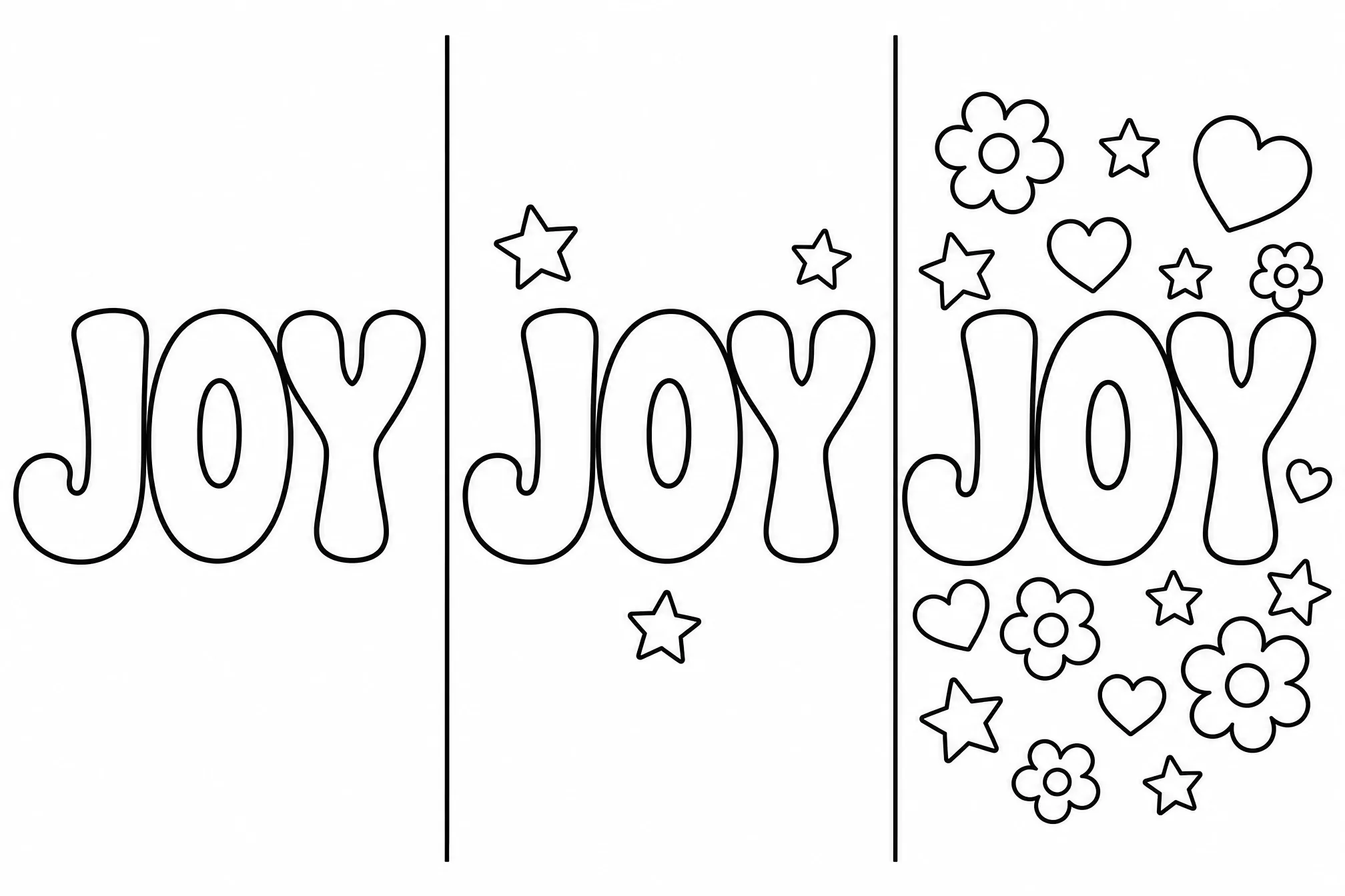 La palabra JOY mostrada lisa, con poca decoración y totalmente decorada