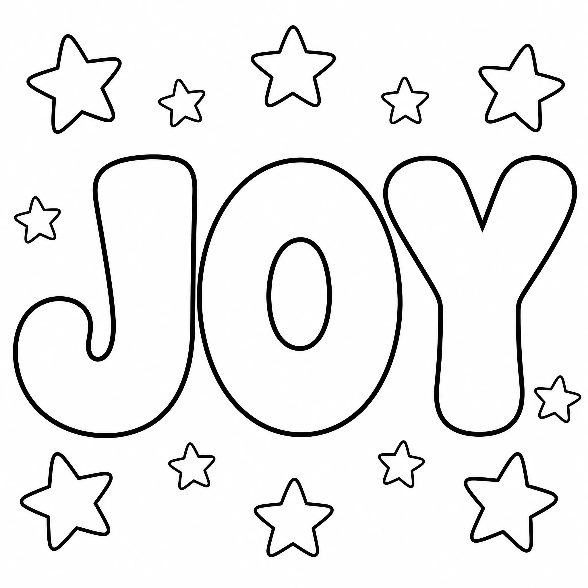 Un dibujo para colorear de letras de burbuja que deletrea JOY