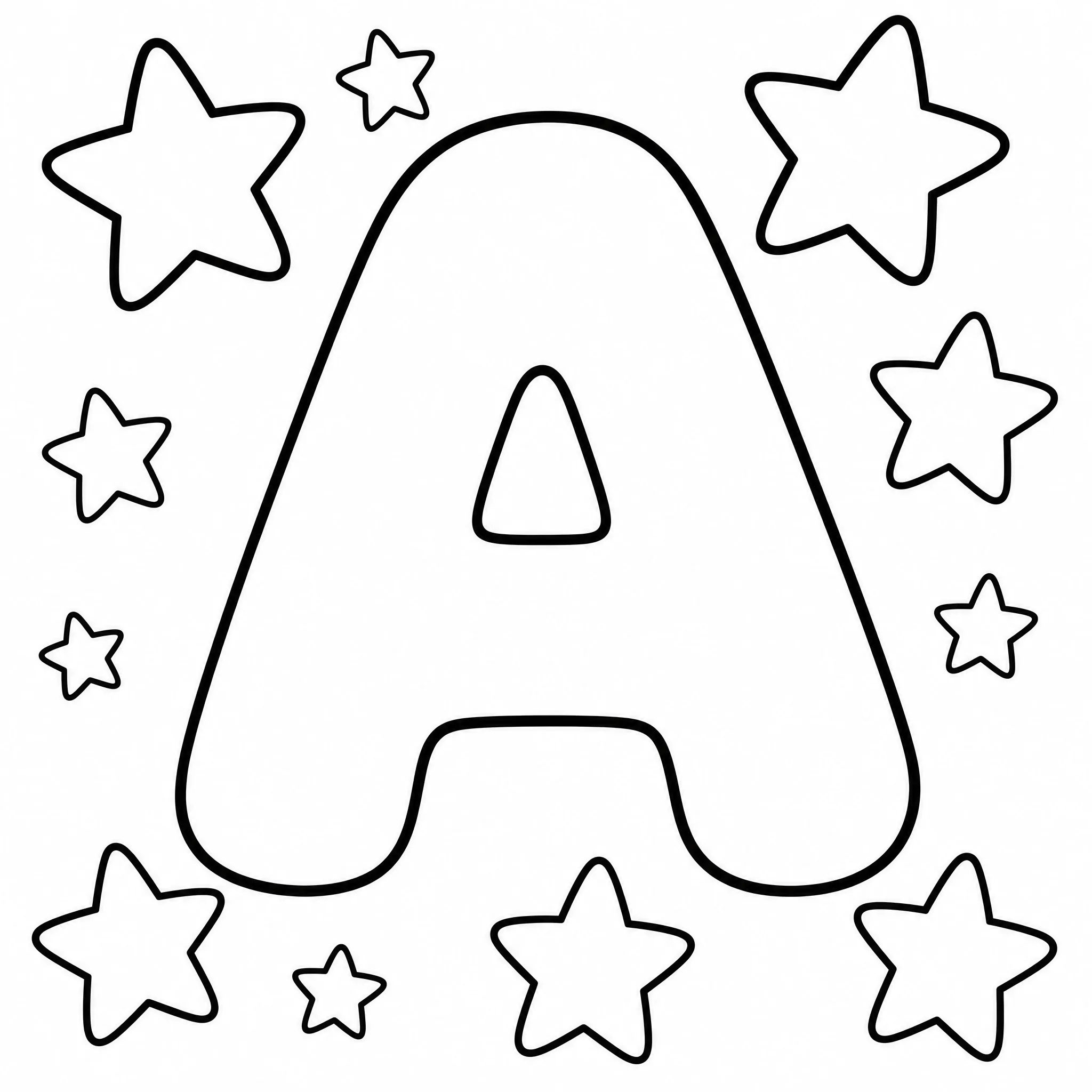 Un dibujo para colorear de una sola letra de burbuja A con estrellas