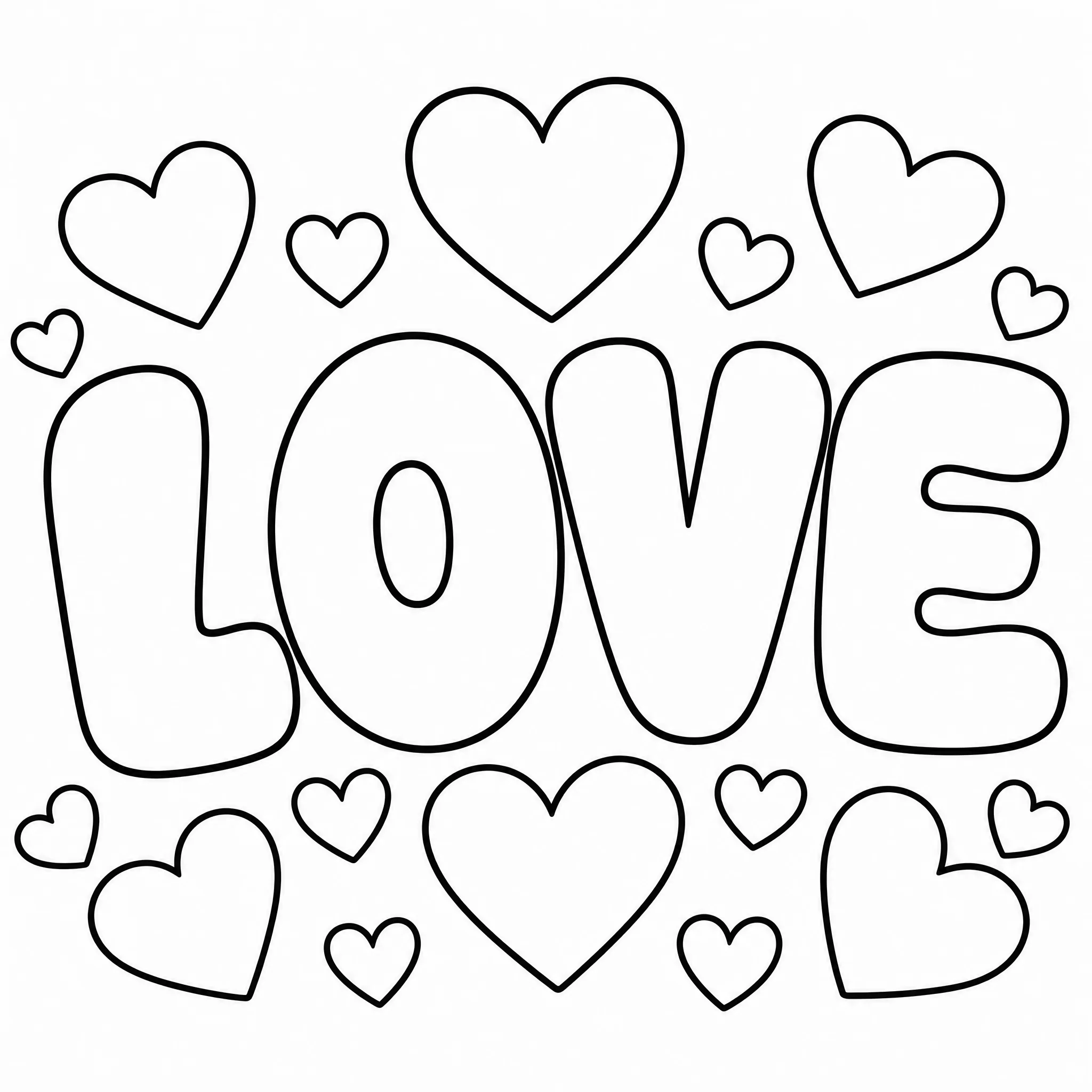 Un dibujo para colorear de letras de burbuja que deletrea LOVE