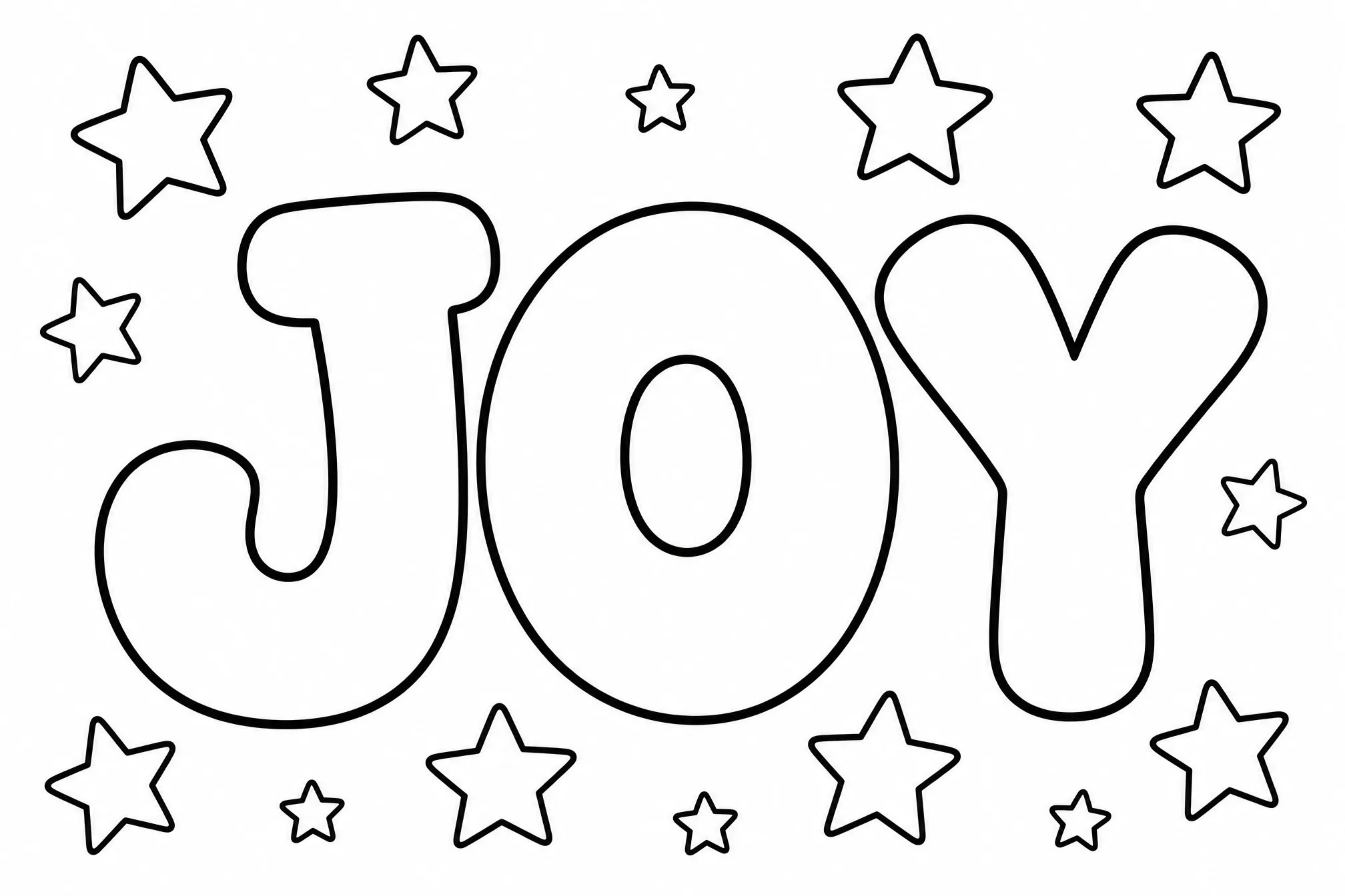 La palabra JOY en letras de burbuja con pequeñas estrellas añadidas