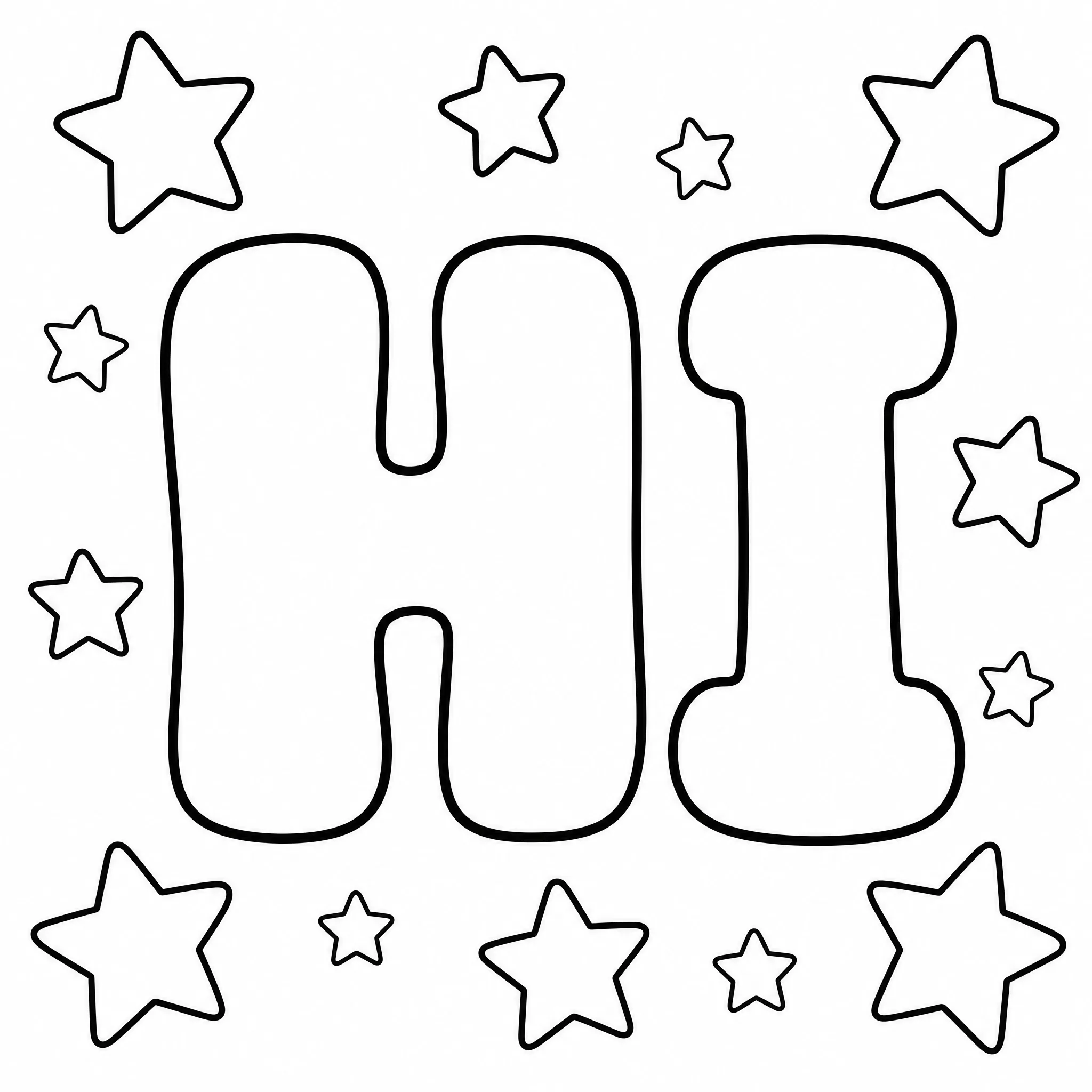La palabra HI en letras de burbuja con estrellas para recortar