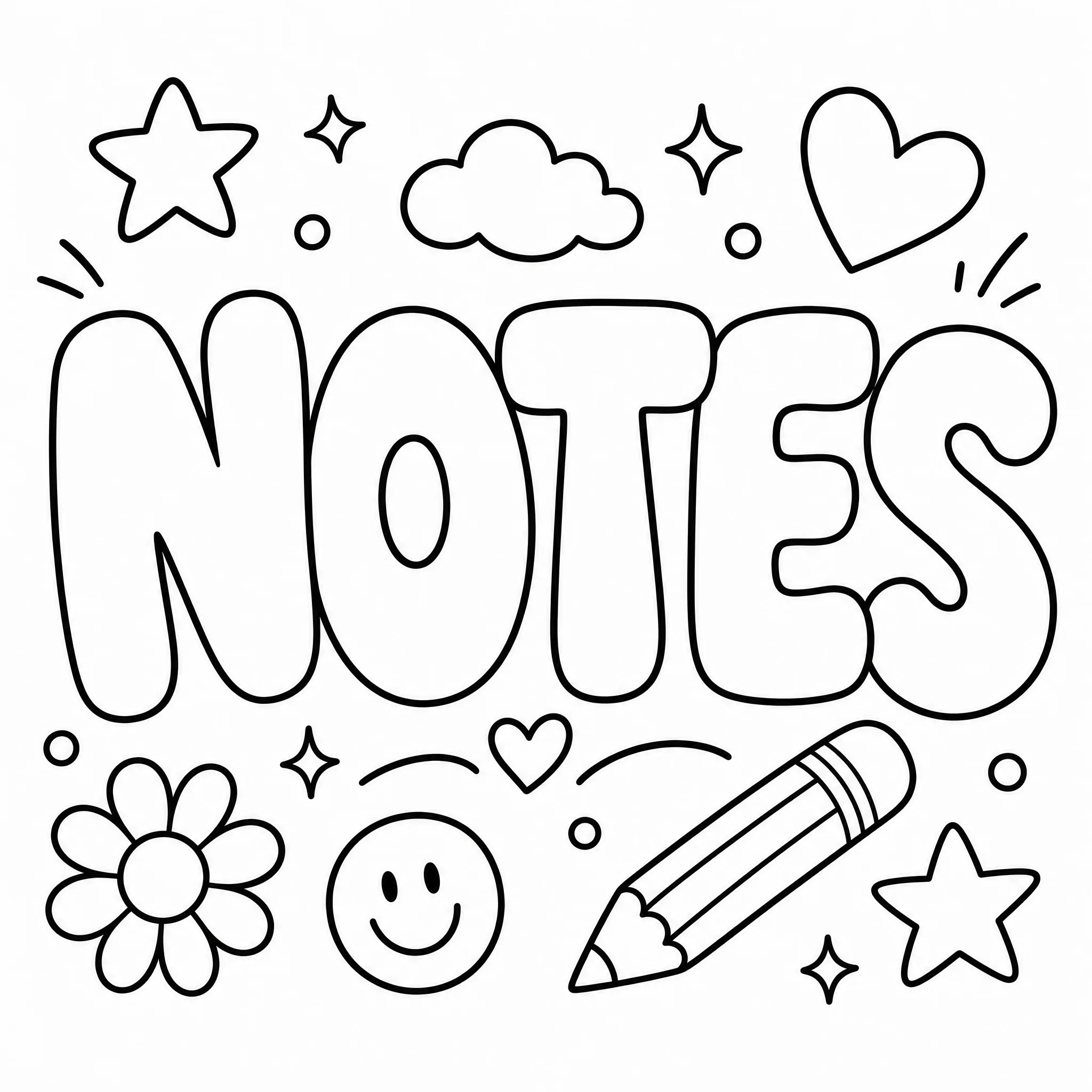 La palabra NOTES en letras de burbuja con pequeños garabatos