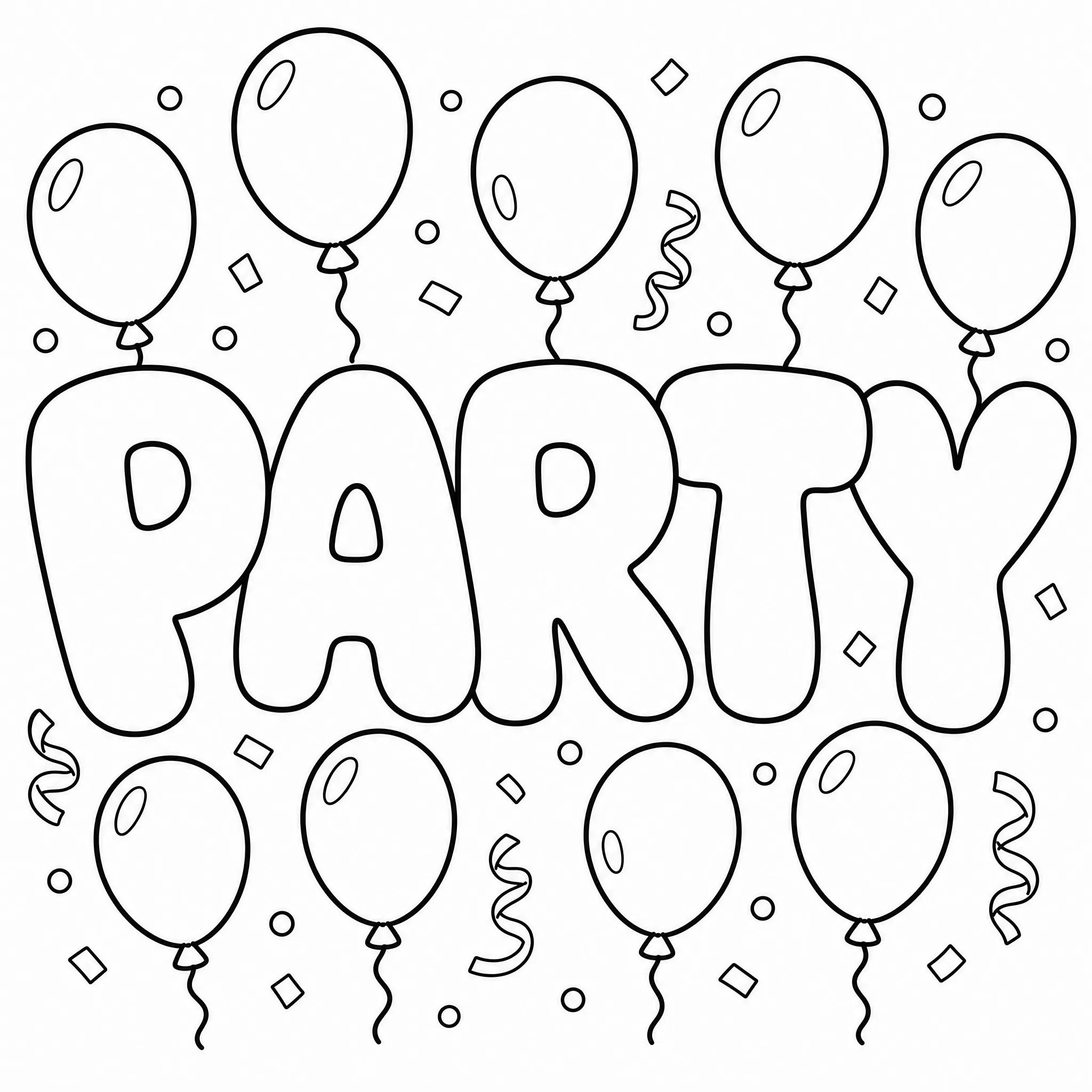La palabra PARTY en letras de burbuja con globos