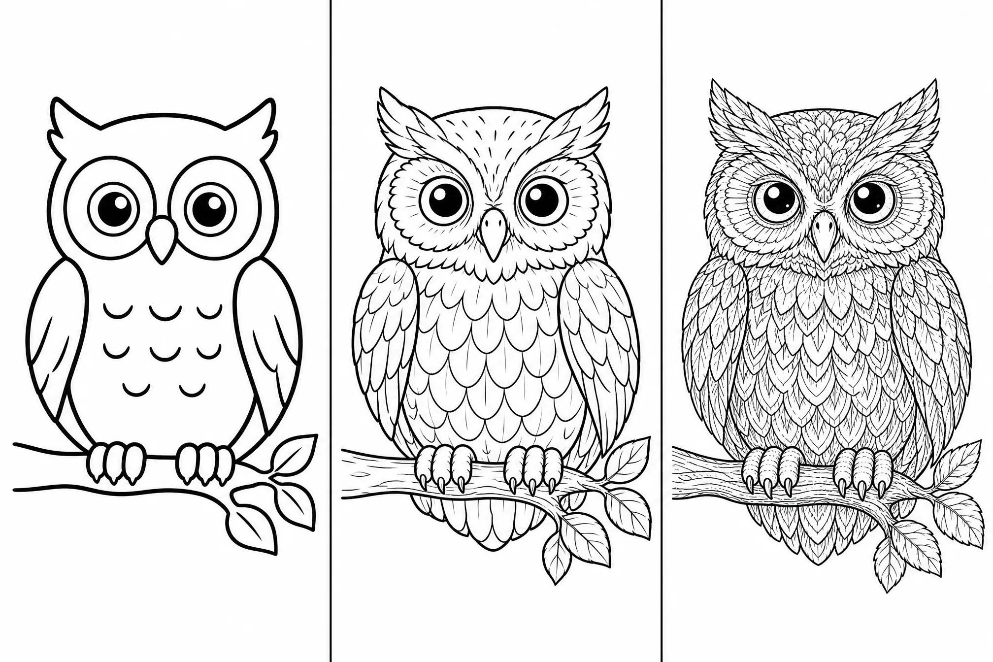 The same owl generated at low, medium, and high detail levels