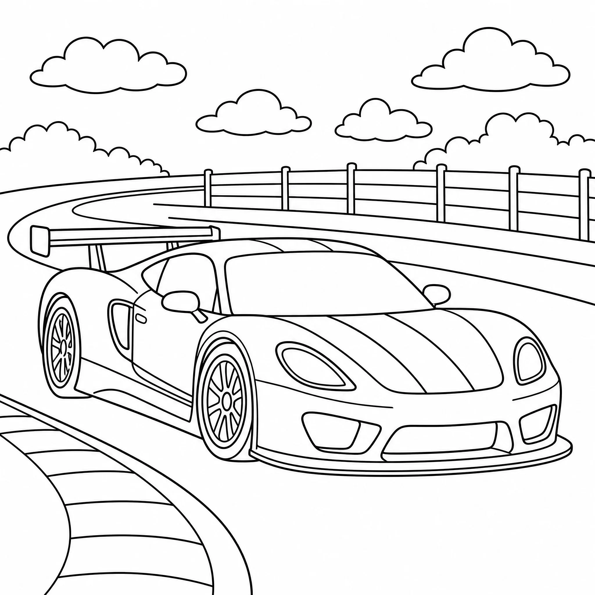 A race car coloring page with bold line art