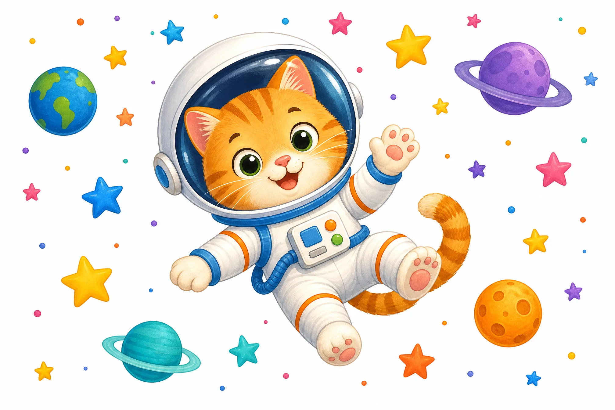 A colorful illustration of a cat astronaut among the stars