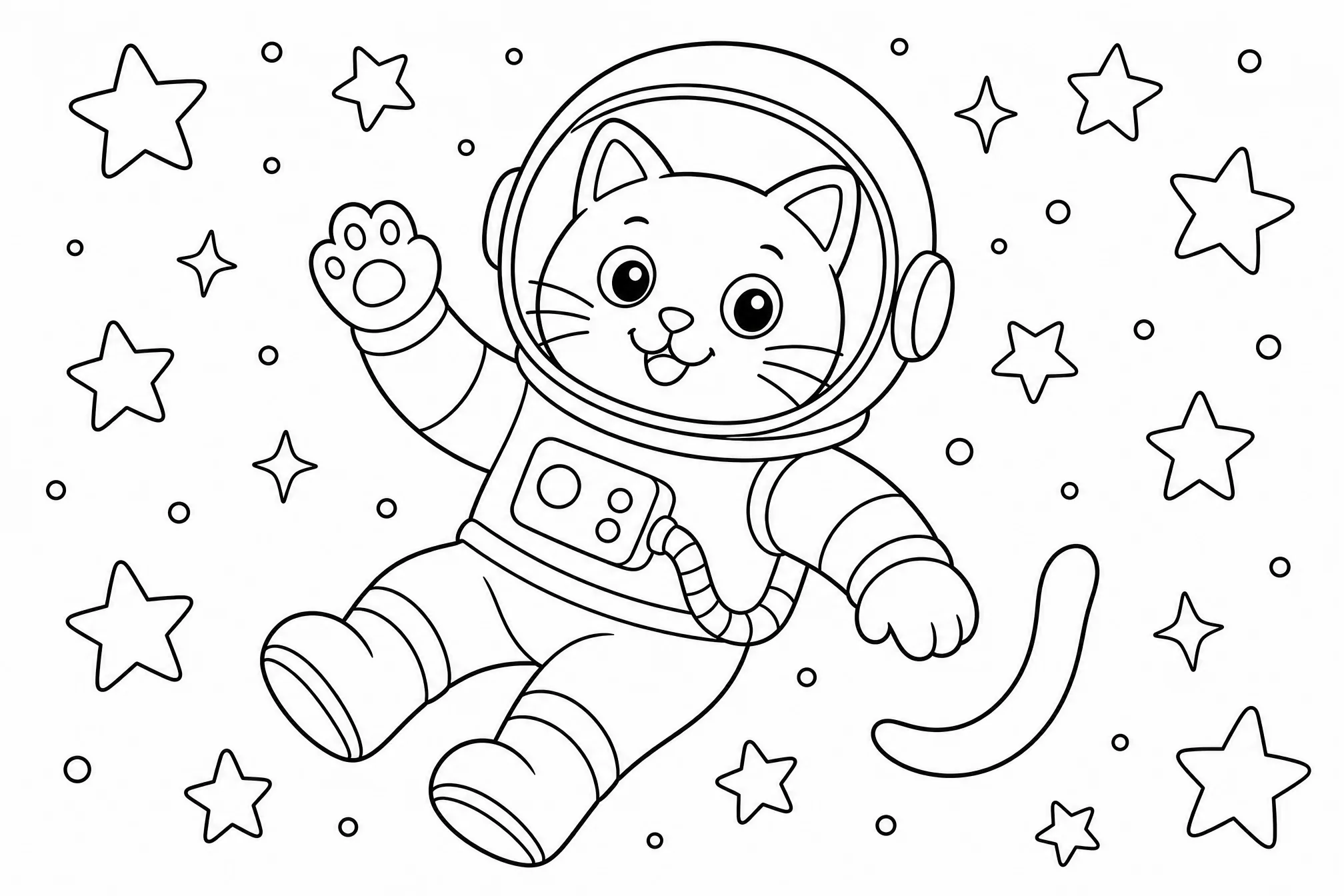 The cat astronaut as a clean black-and-white coloring page