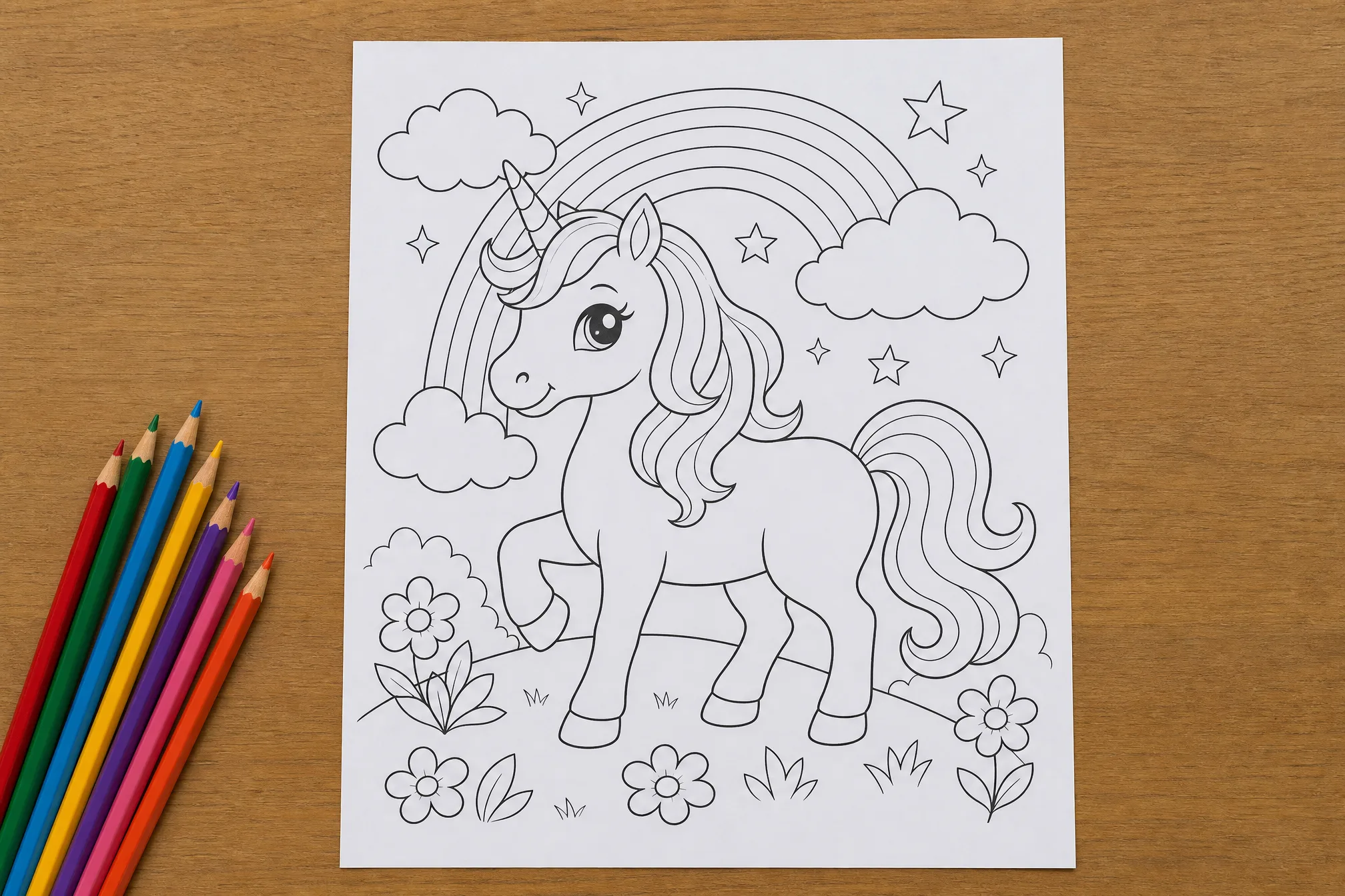 A printed coloring page on a desk with colored pencils