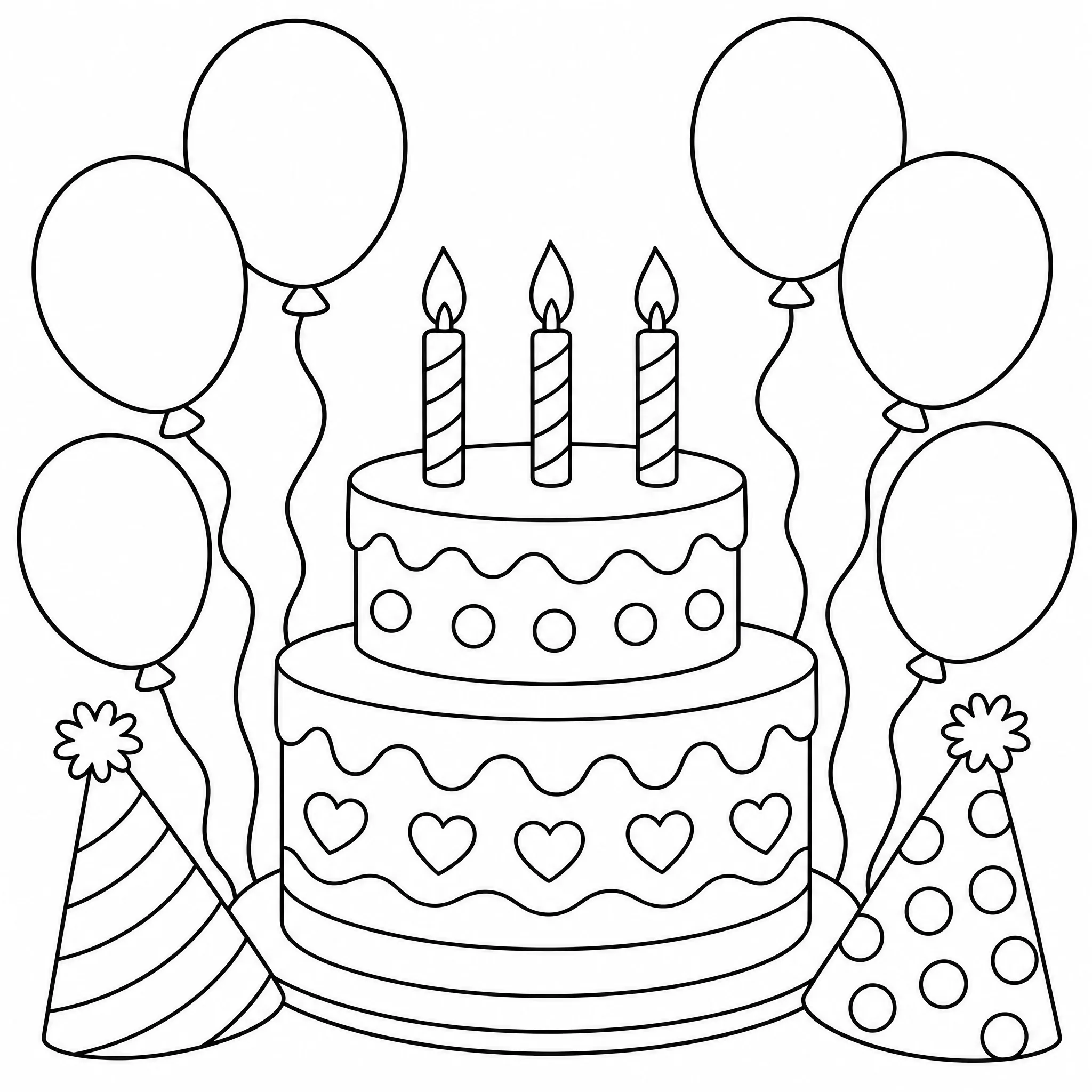 Balloons, a cake and party hats coloring page