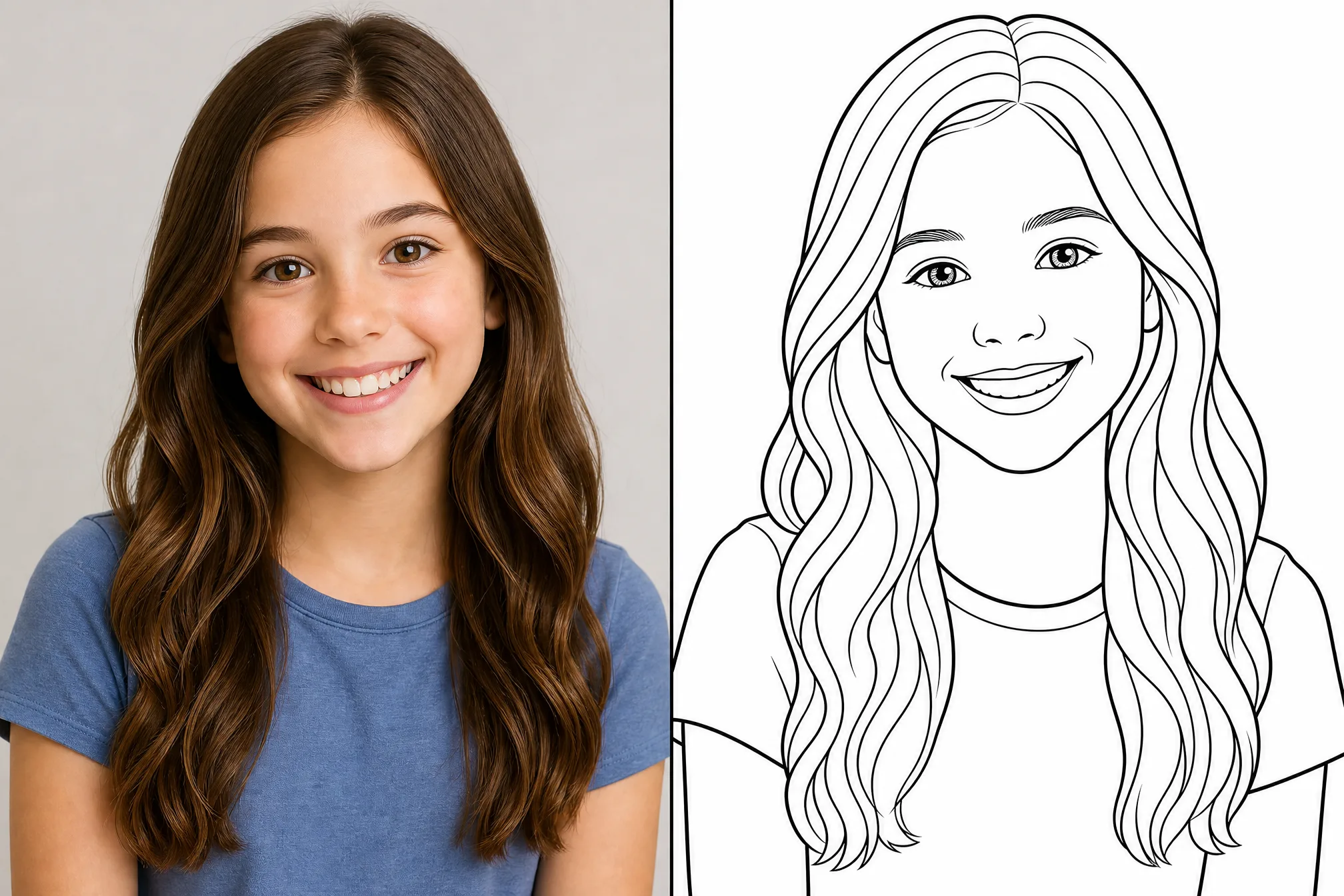 Before and after: a color photo on the left, its black-and-white line art on the right