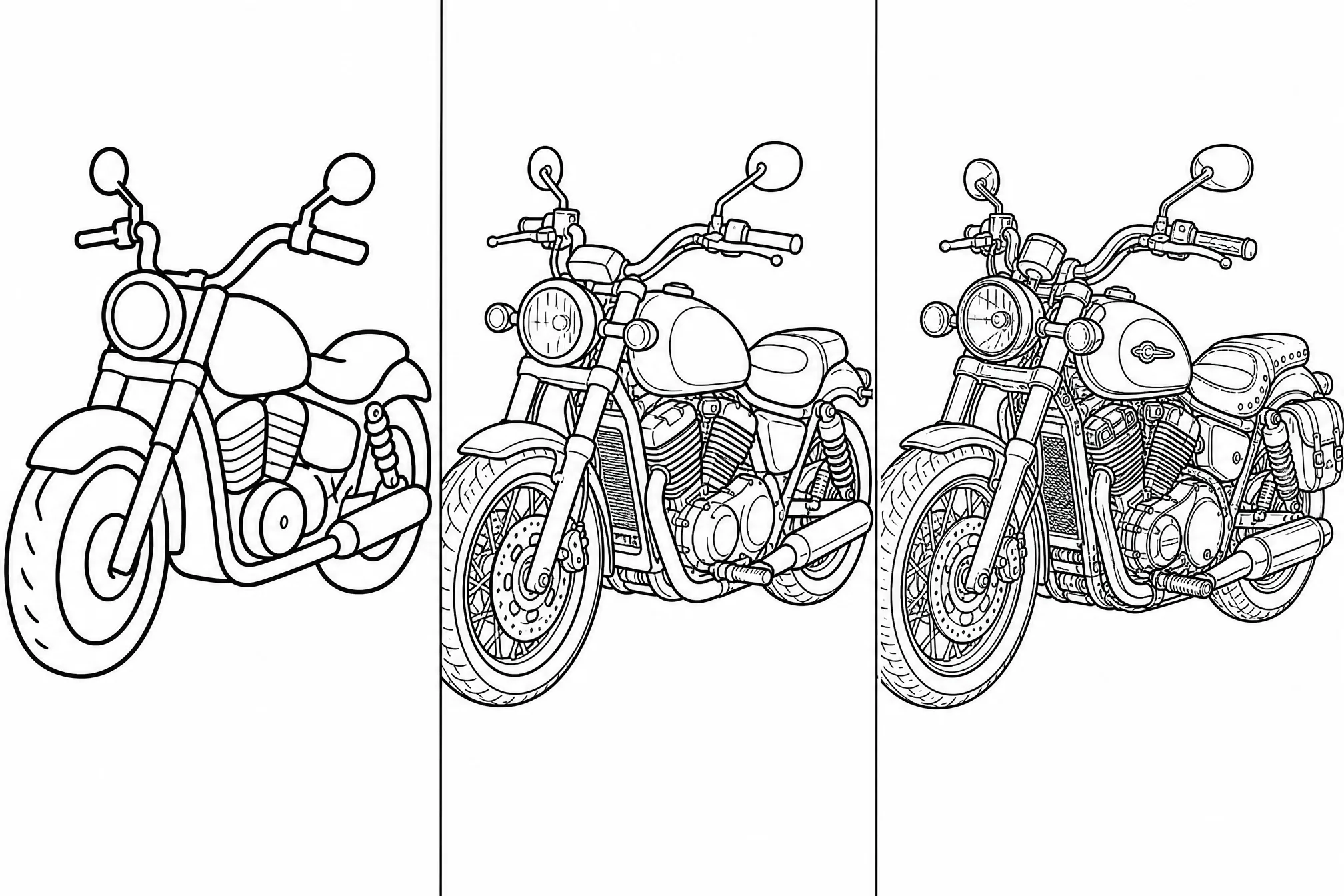 The same image shown as line art at low, medium, and high detail levels