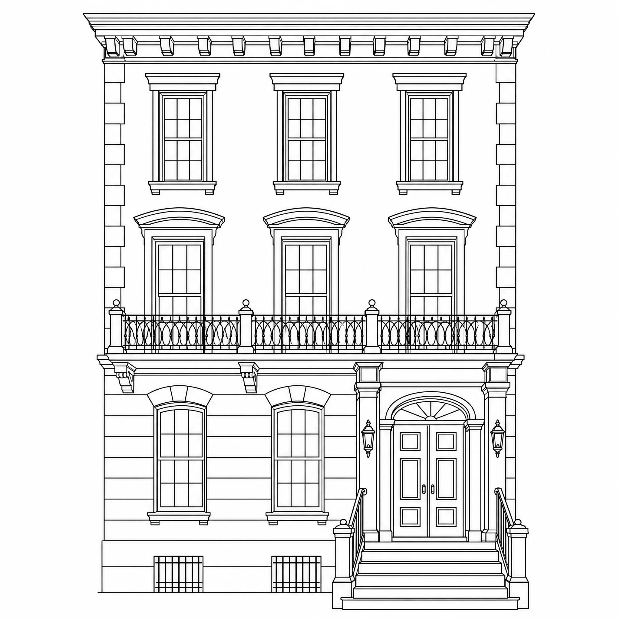 A building photo converted into architectural line art outlines