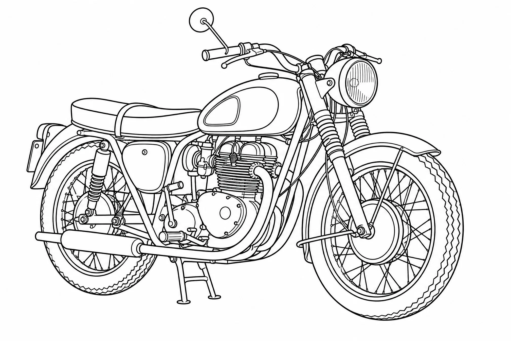 The same motorcycle image converted into clean black-and-white line art