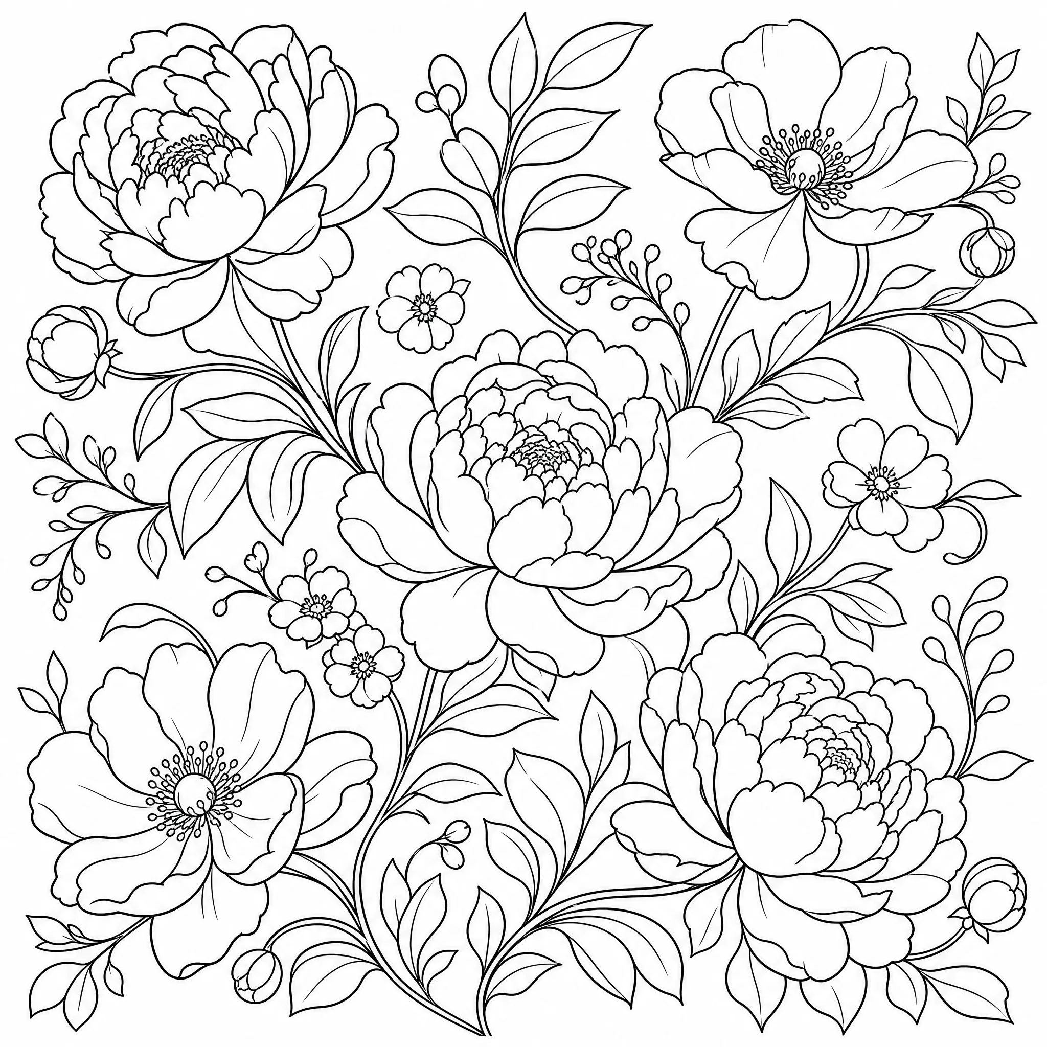 An intricate black-and-white line art page ready to color in