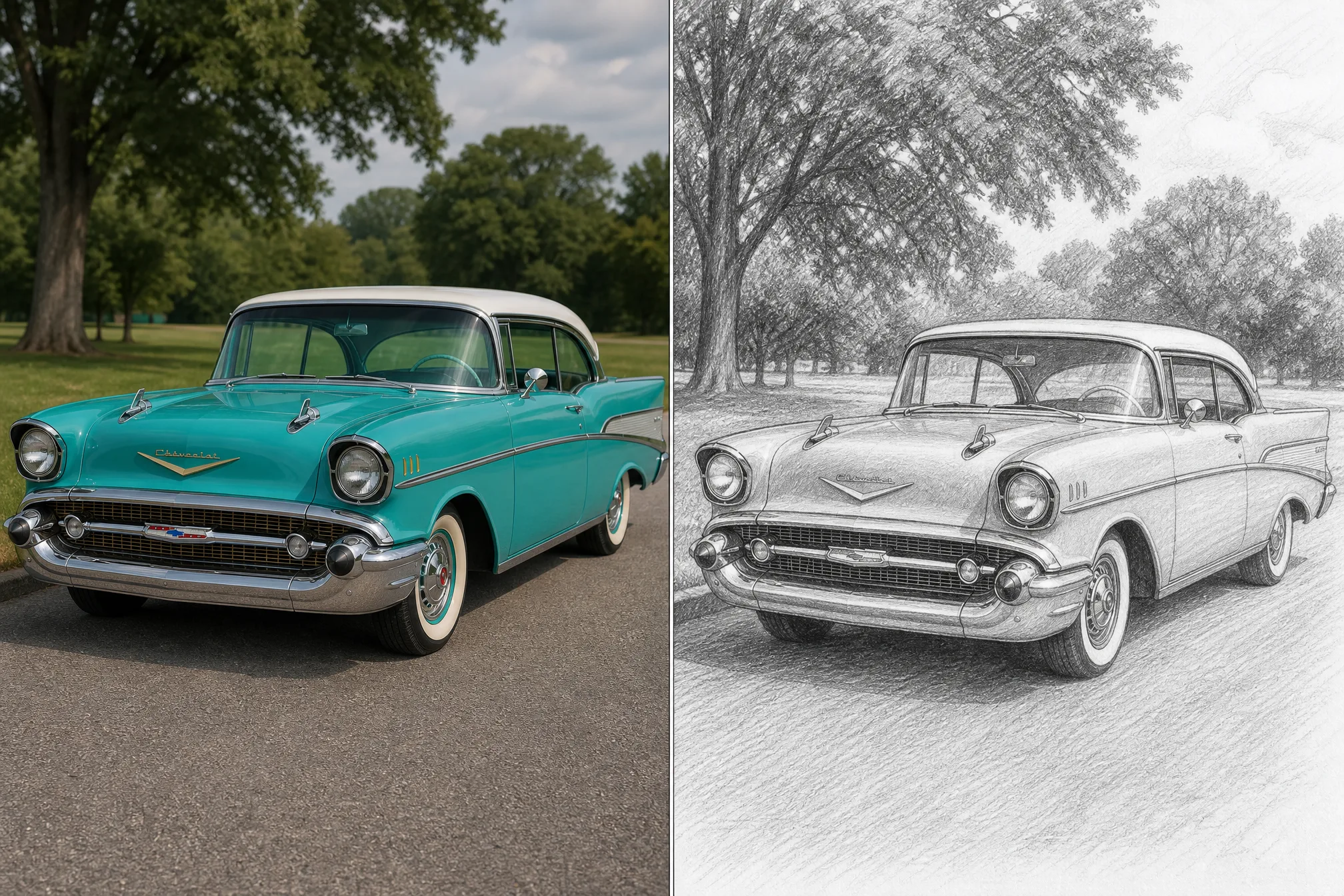 Before and after: a color image on the left, its pencil sketch on the right