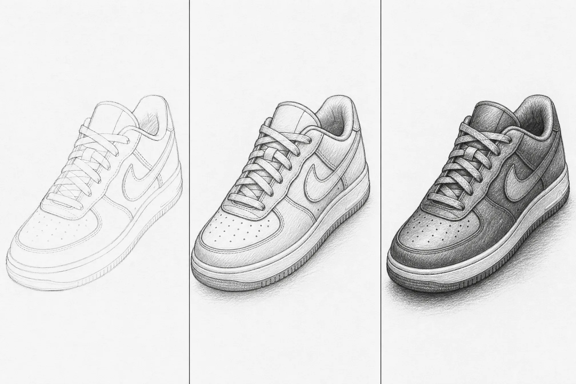 The same image converted to a pencil sketch at light, medium, and heavy shading levels