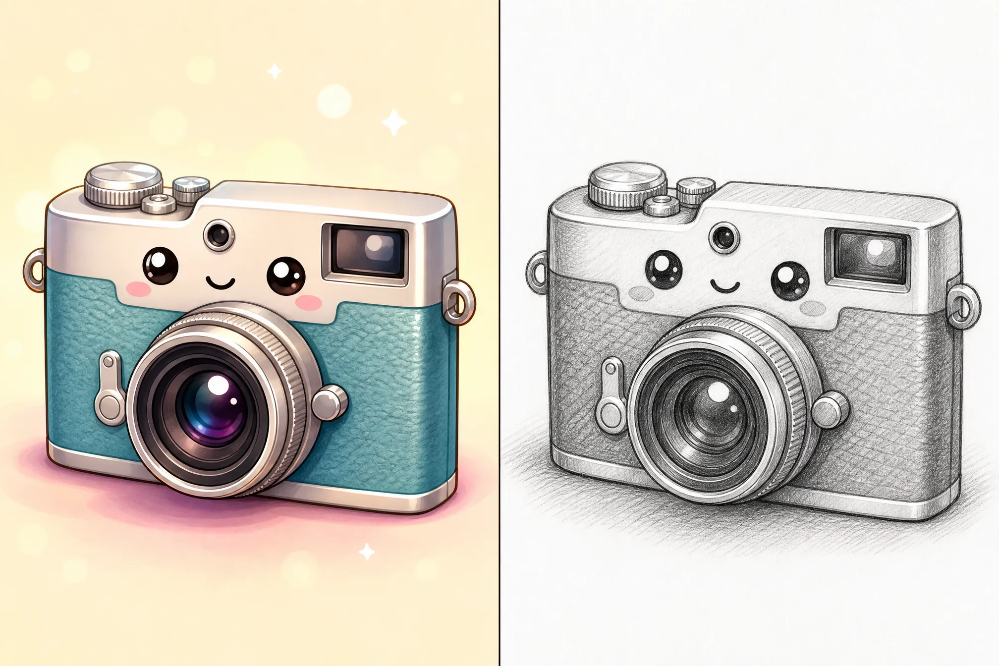 A camera product image converted into a graphite pencil sketch