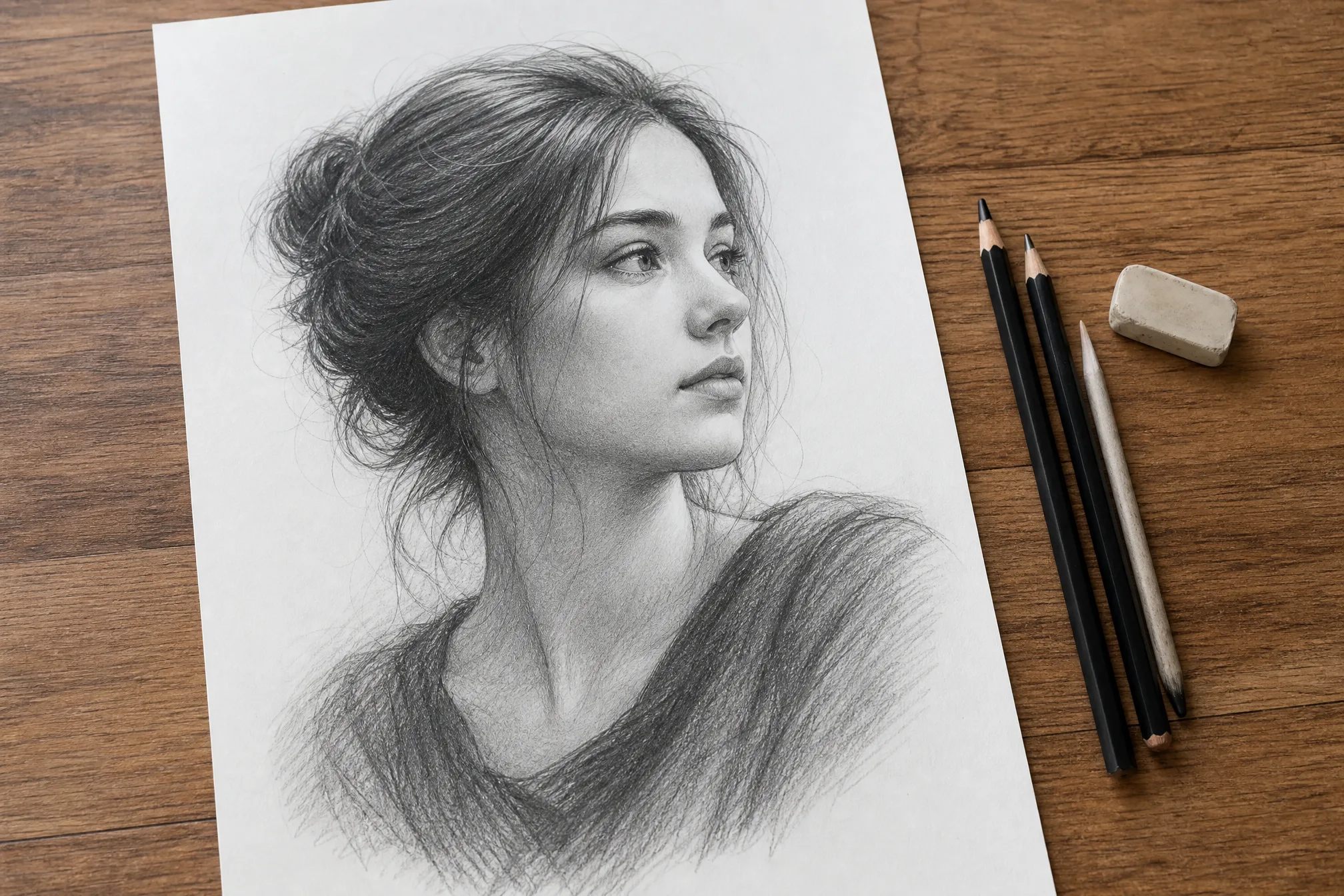 A printed pencil sketch on a desk beside a tablet