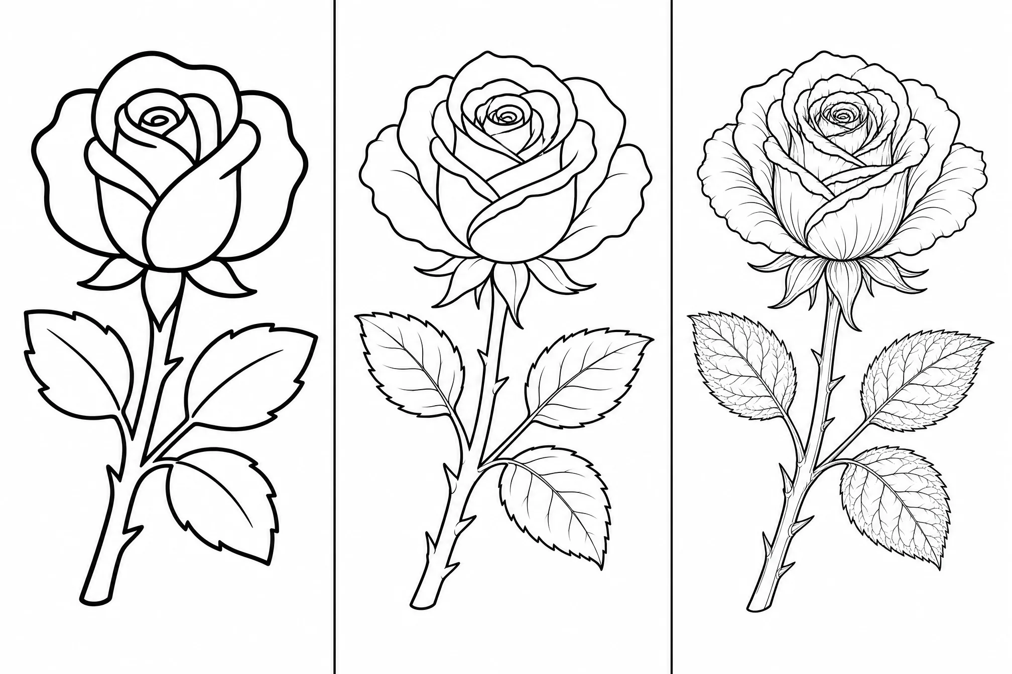 The same rose created at minimal, medium, and high line detail