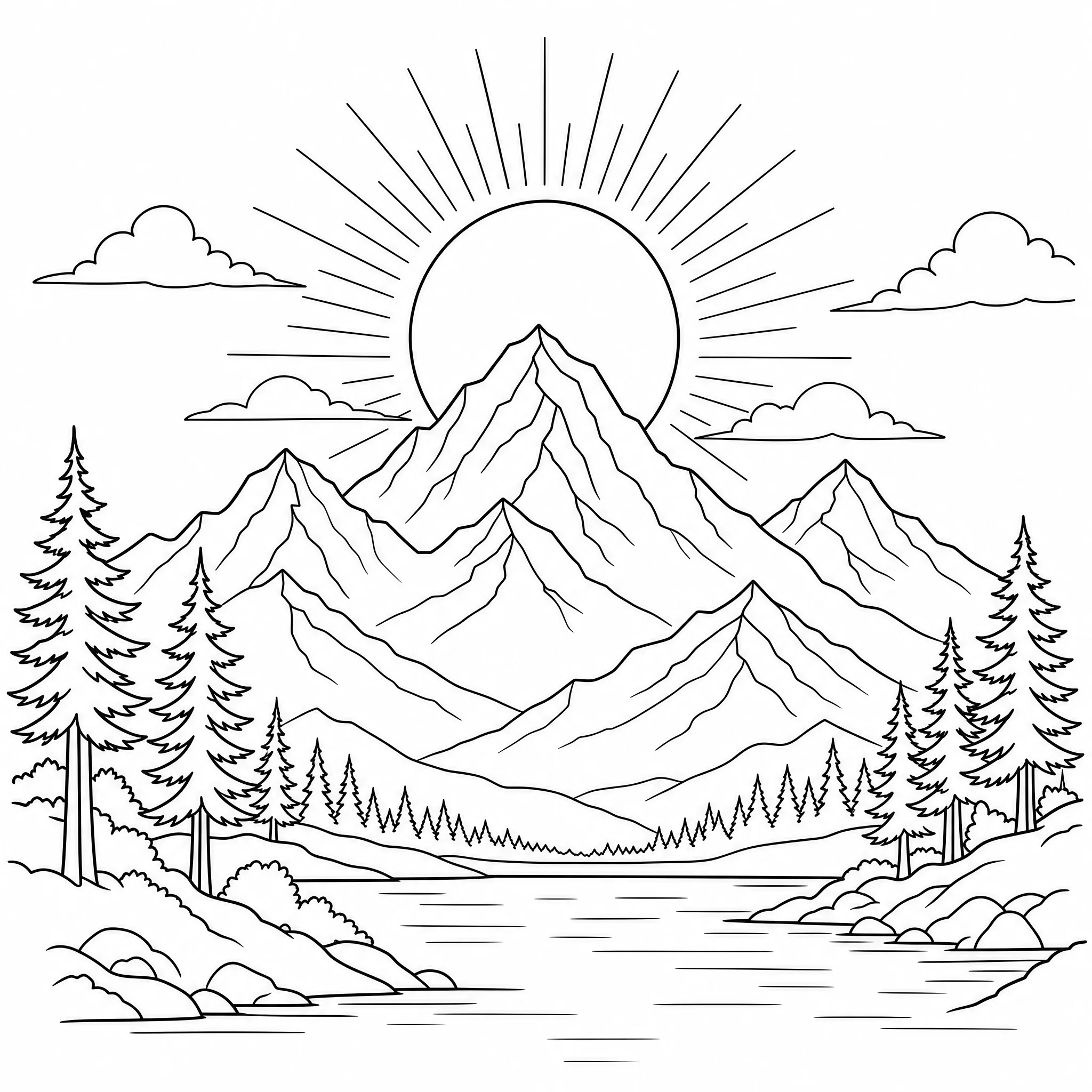 A minimalist mountain and sun landscape created as black-and-white line art