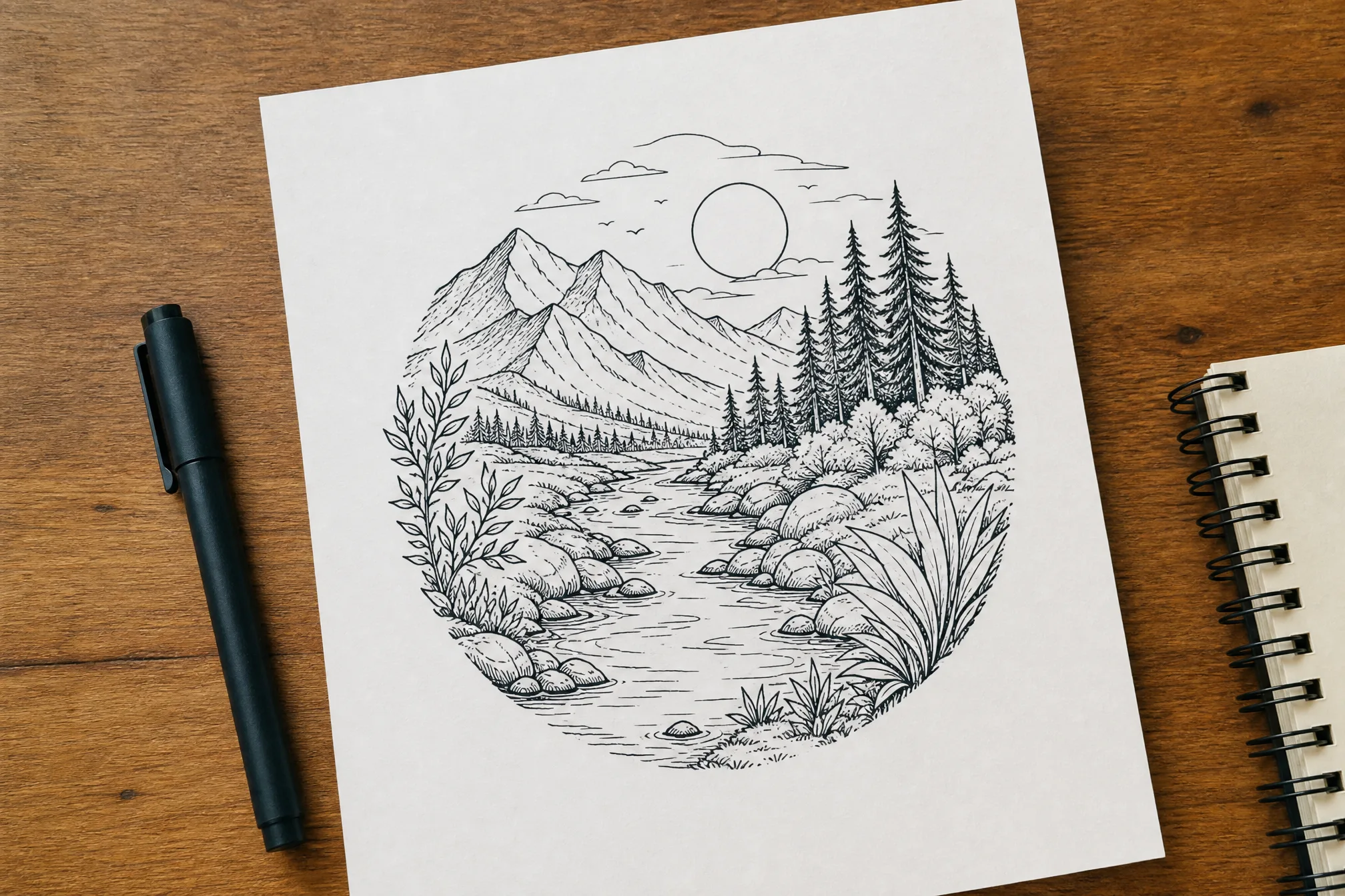 A printed line art drawing on a desk beside a sketchbook