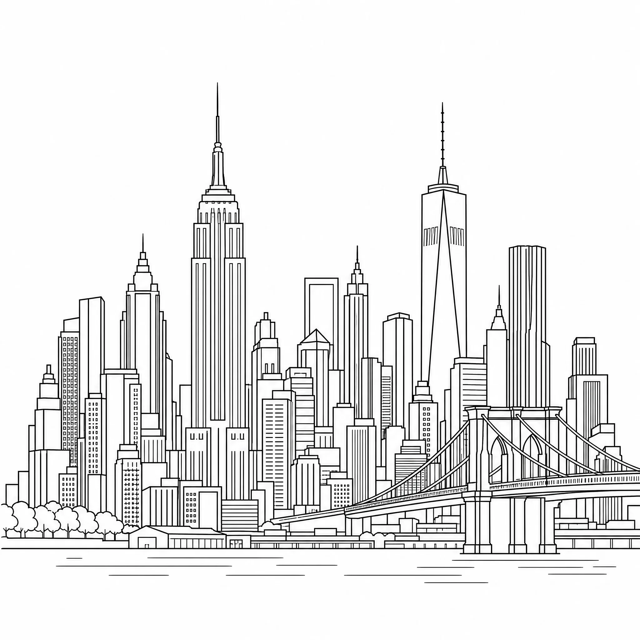 A city skyline rendered as bold black-and-white line art