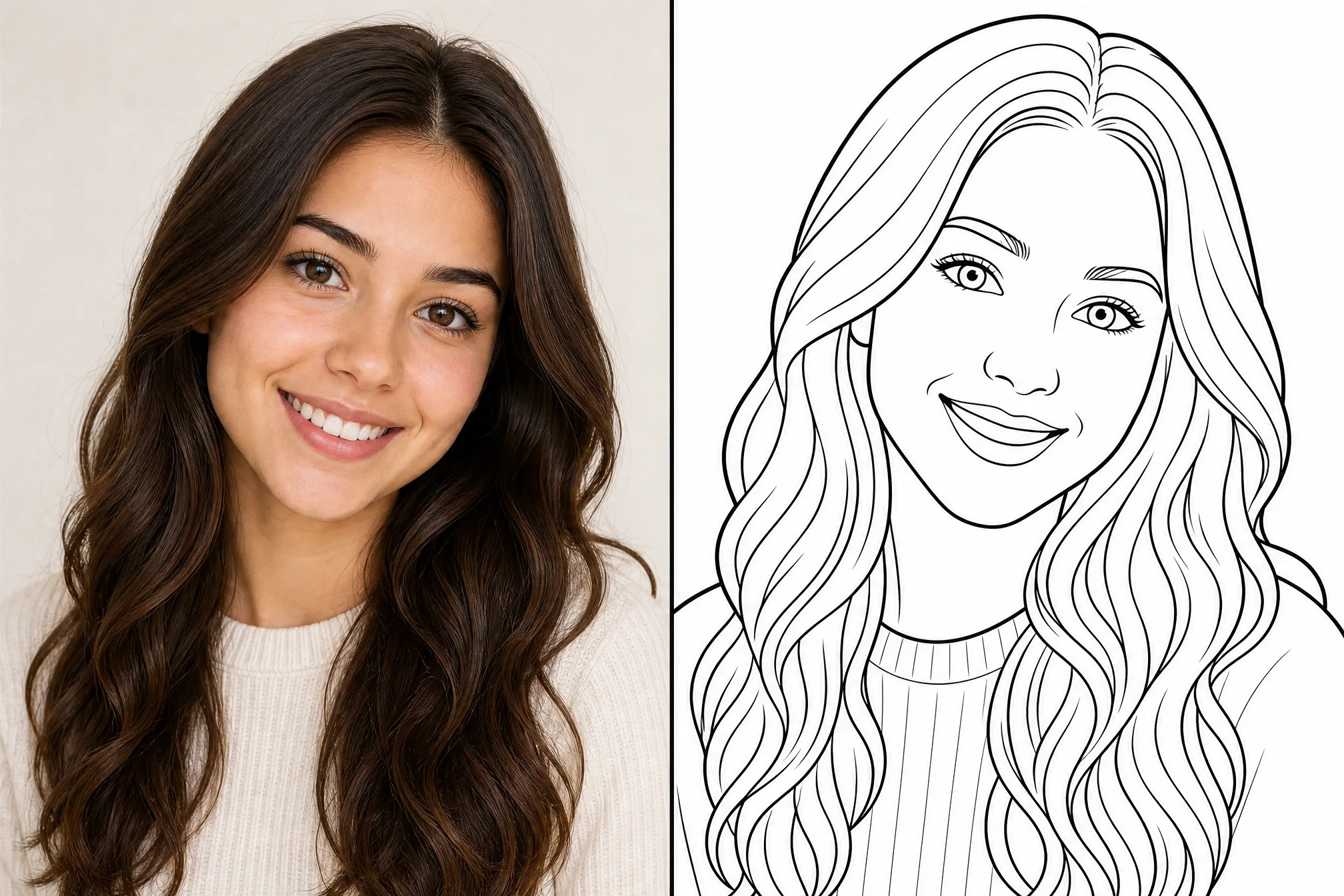 Before and after: a photo on the left and its black-and-white line art on the right