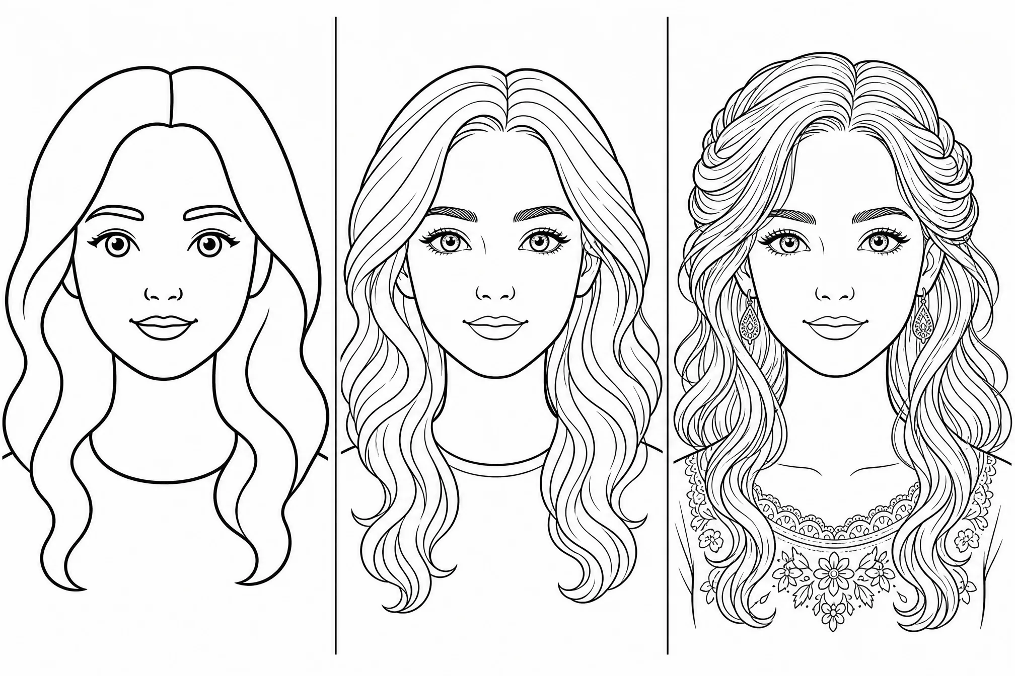 The same photo shown as line art at low, medium, and high detail levels