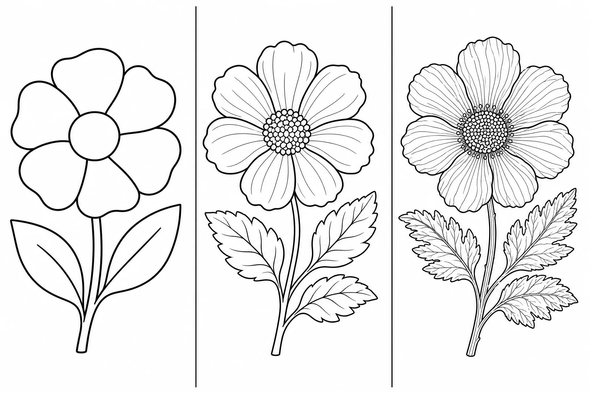 The same subject generated as minimal, medium, and fine-detail line drawings