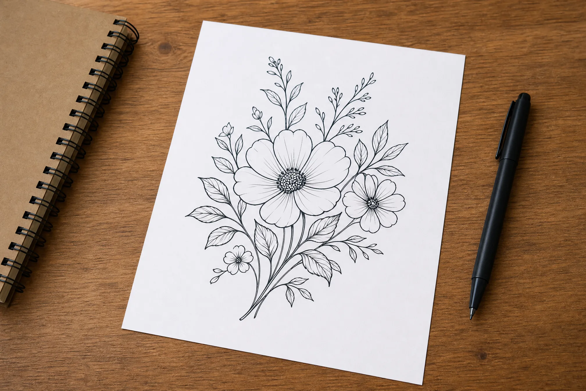 A finished line drawing of a fox ready to download and print
