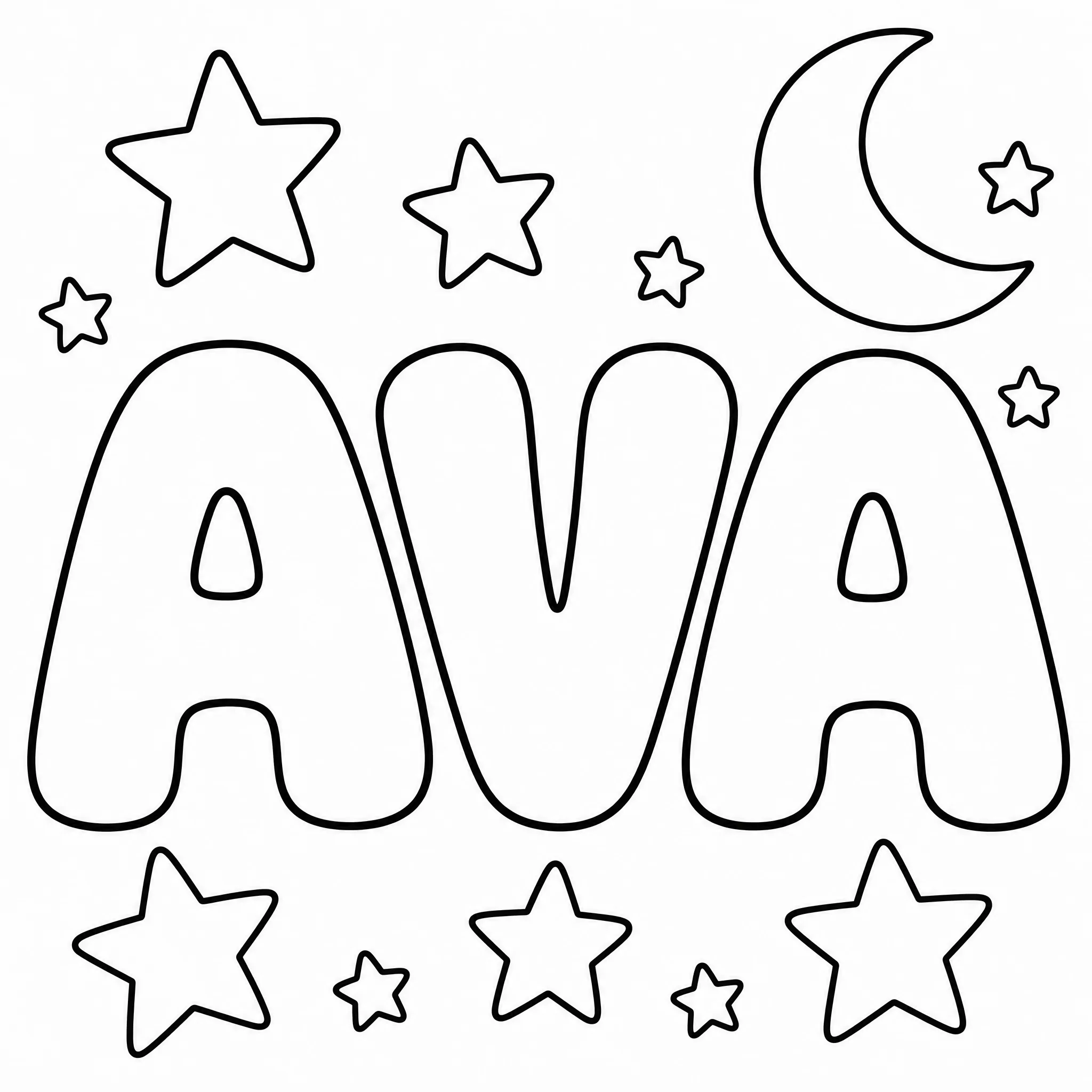 Ein Namen-Ausmalbild mit AVA in Bubble-Buchstaben und Sternen