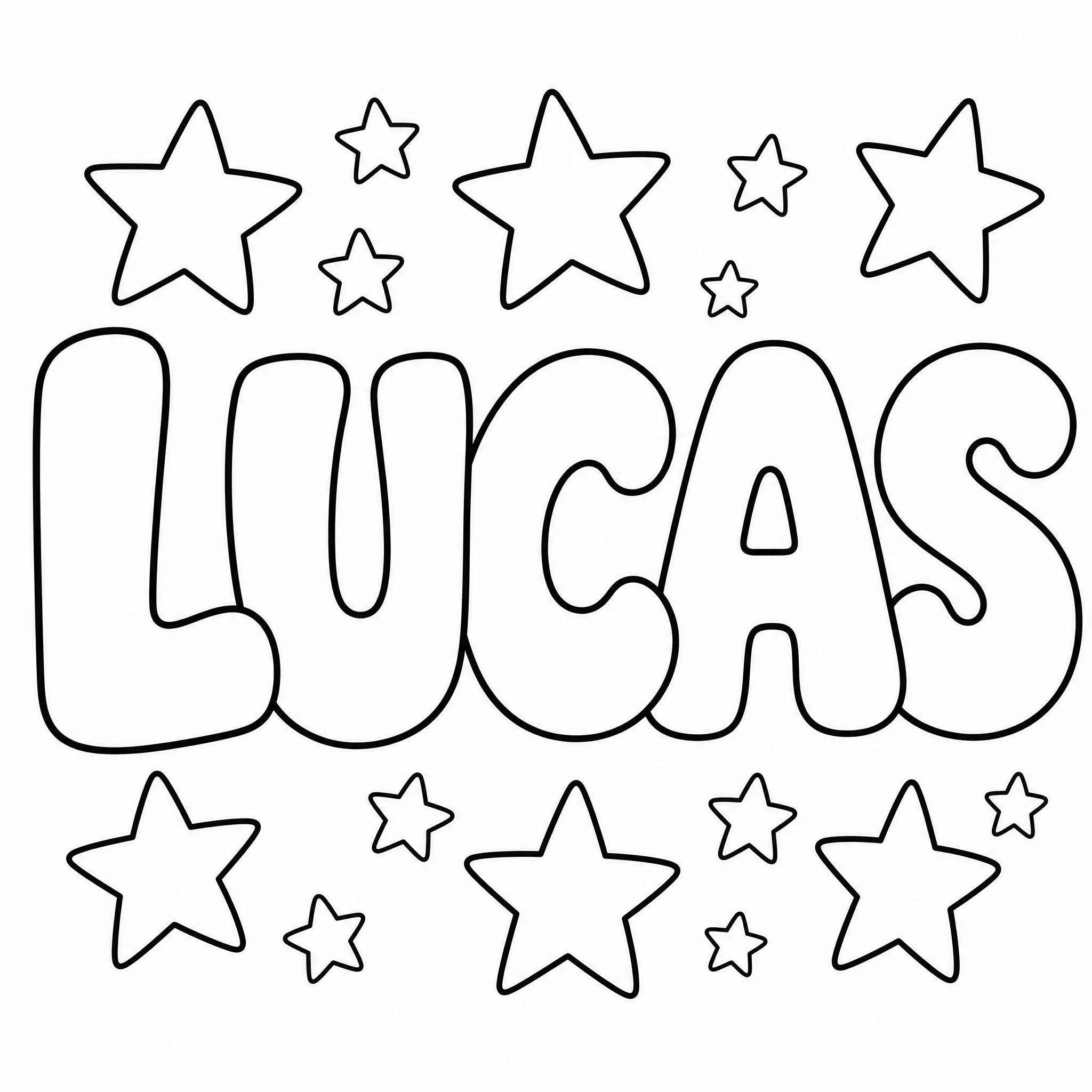 Ein Namen-Ausmalbild mit LUCAS in Bubble-Buchstaben