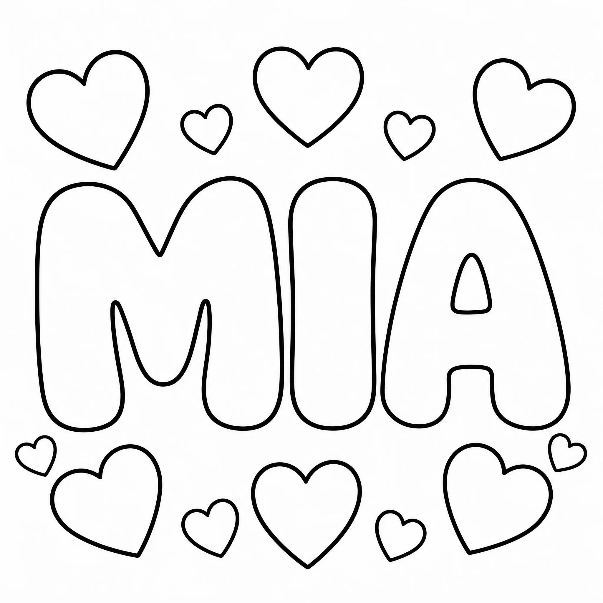 Ein Namen-Ausmalbild mit MIA in Bubble-Buchstaben und Herzen