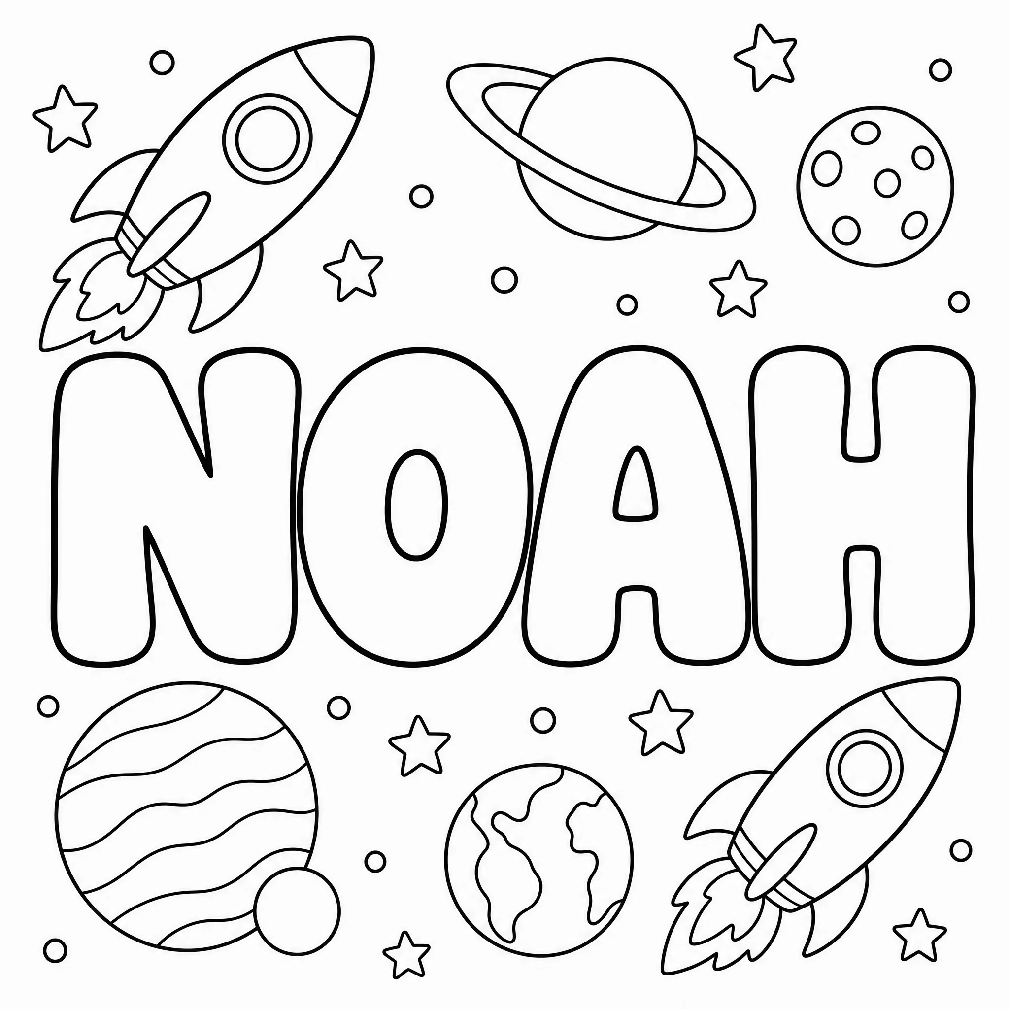 Ein Namen-Ausmalbild mit NOAH in Bubble-Buchstaben